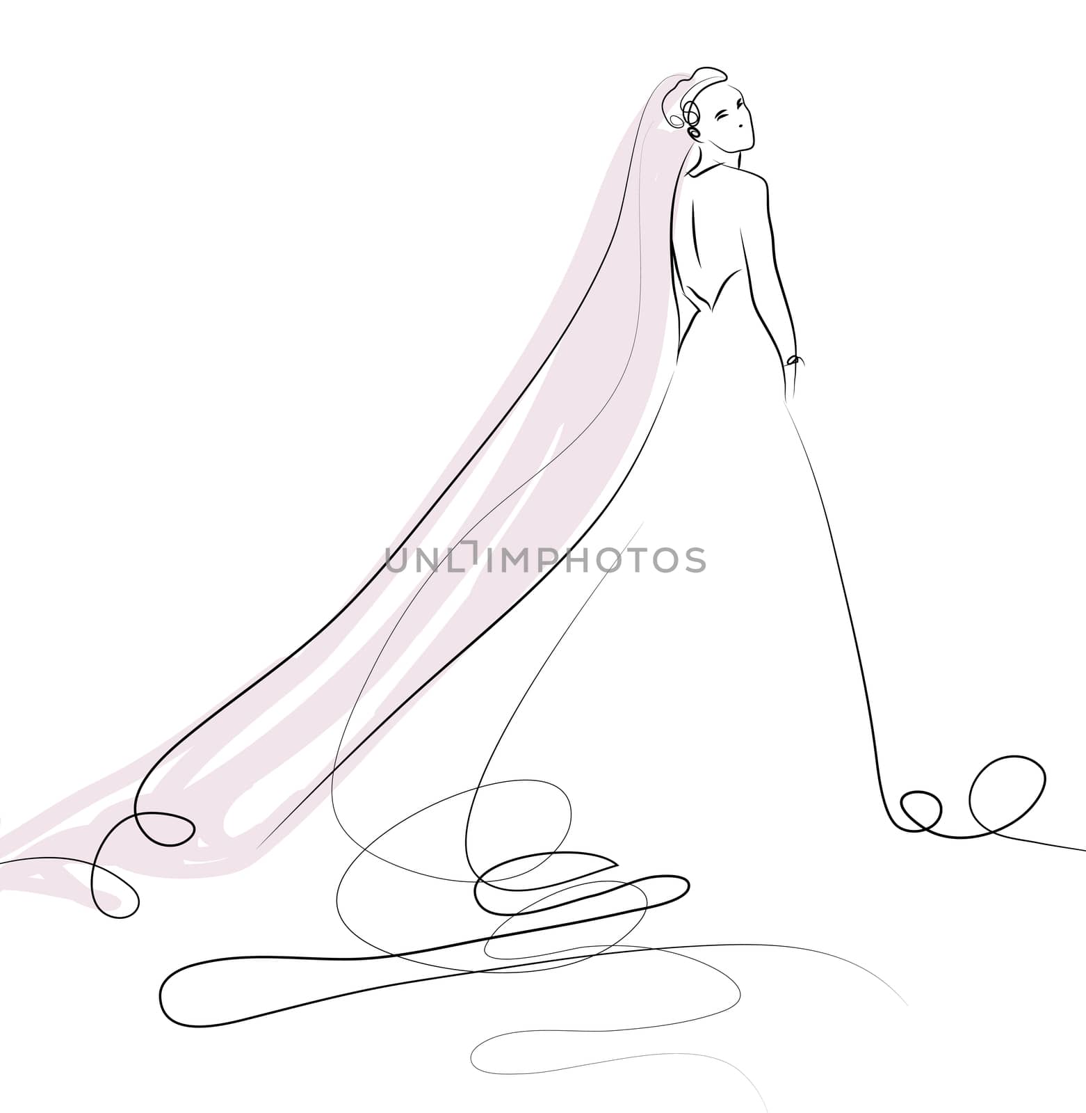 sketch of beautiful young bride in white dress