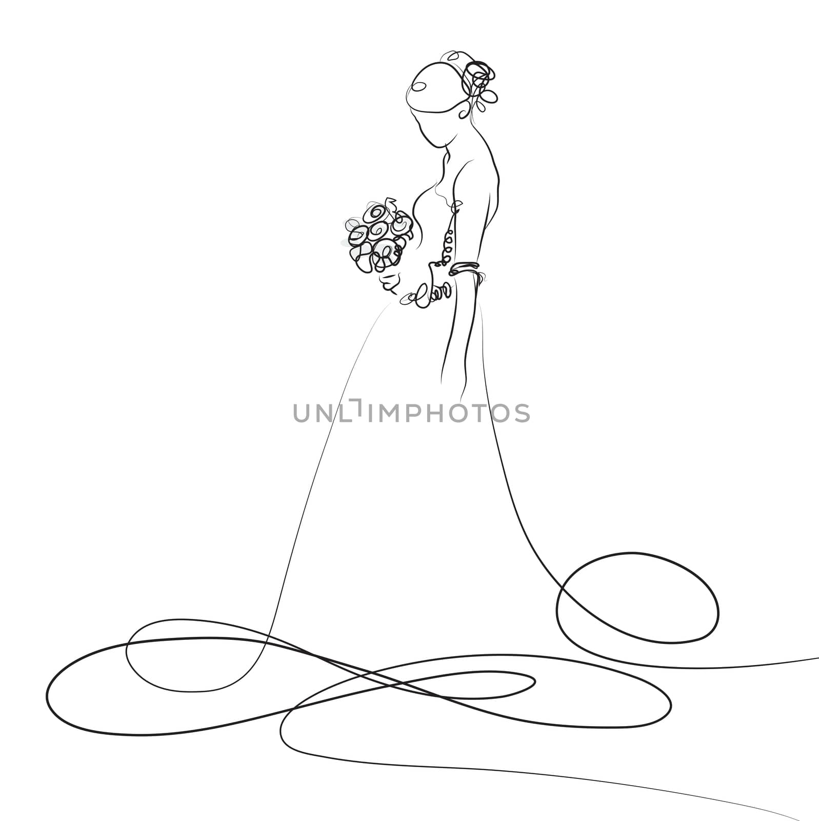 sketch of beautiful young bride in white dress