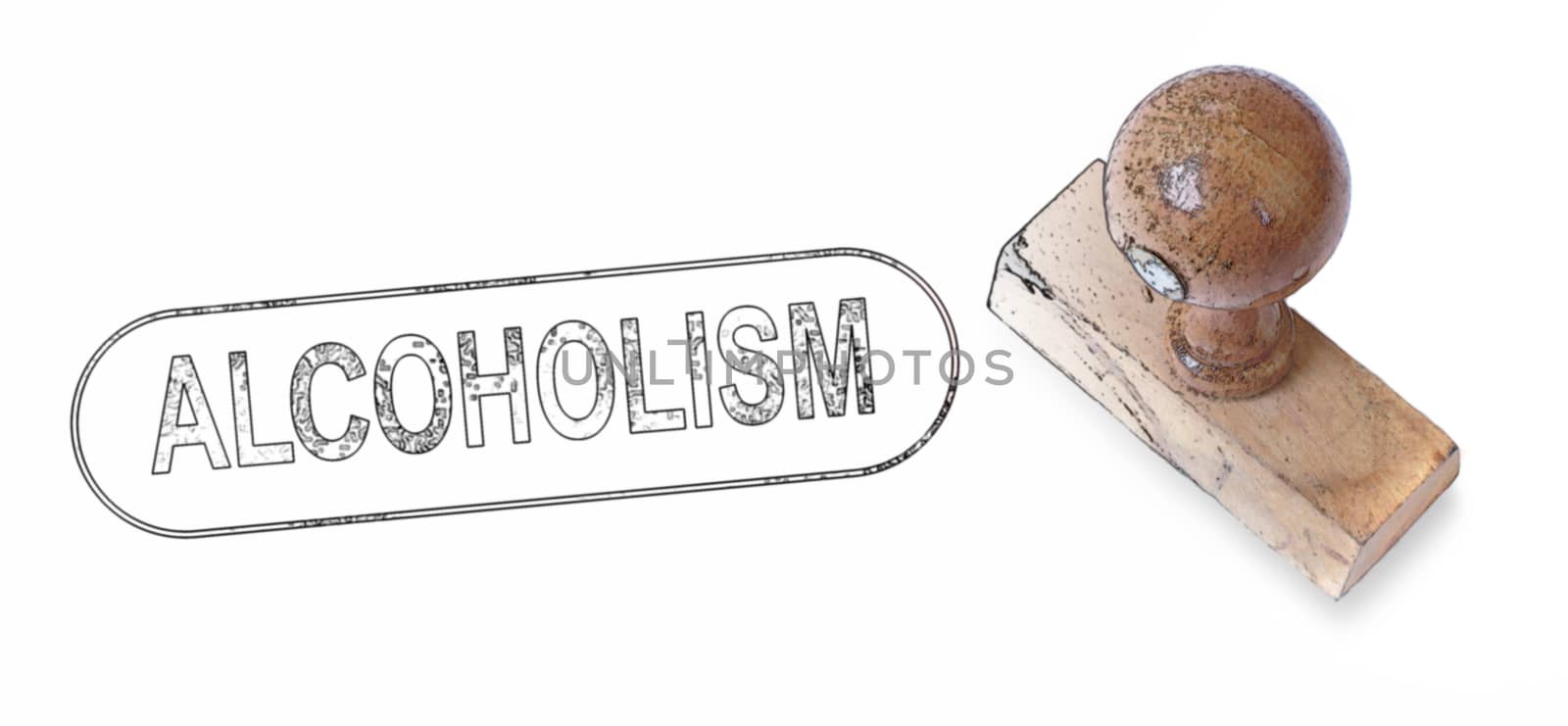 Top view of a rubber stamp with a giant word "ALCOHOLISM" printed, isolated on white background.