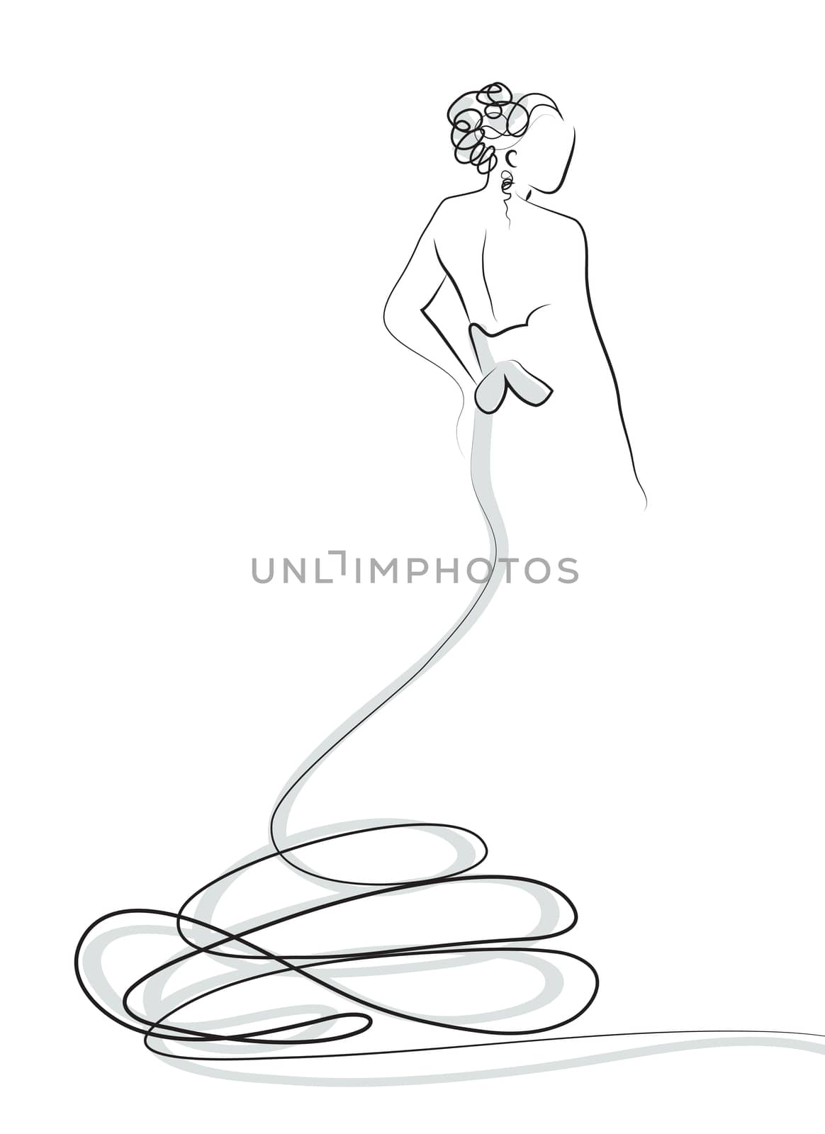 sketch of beautiful young bride in white dress