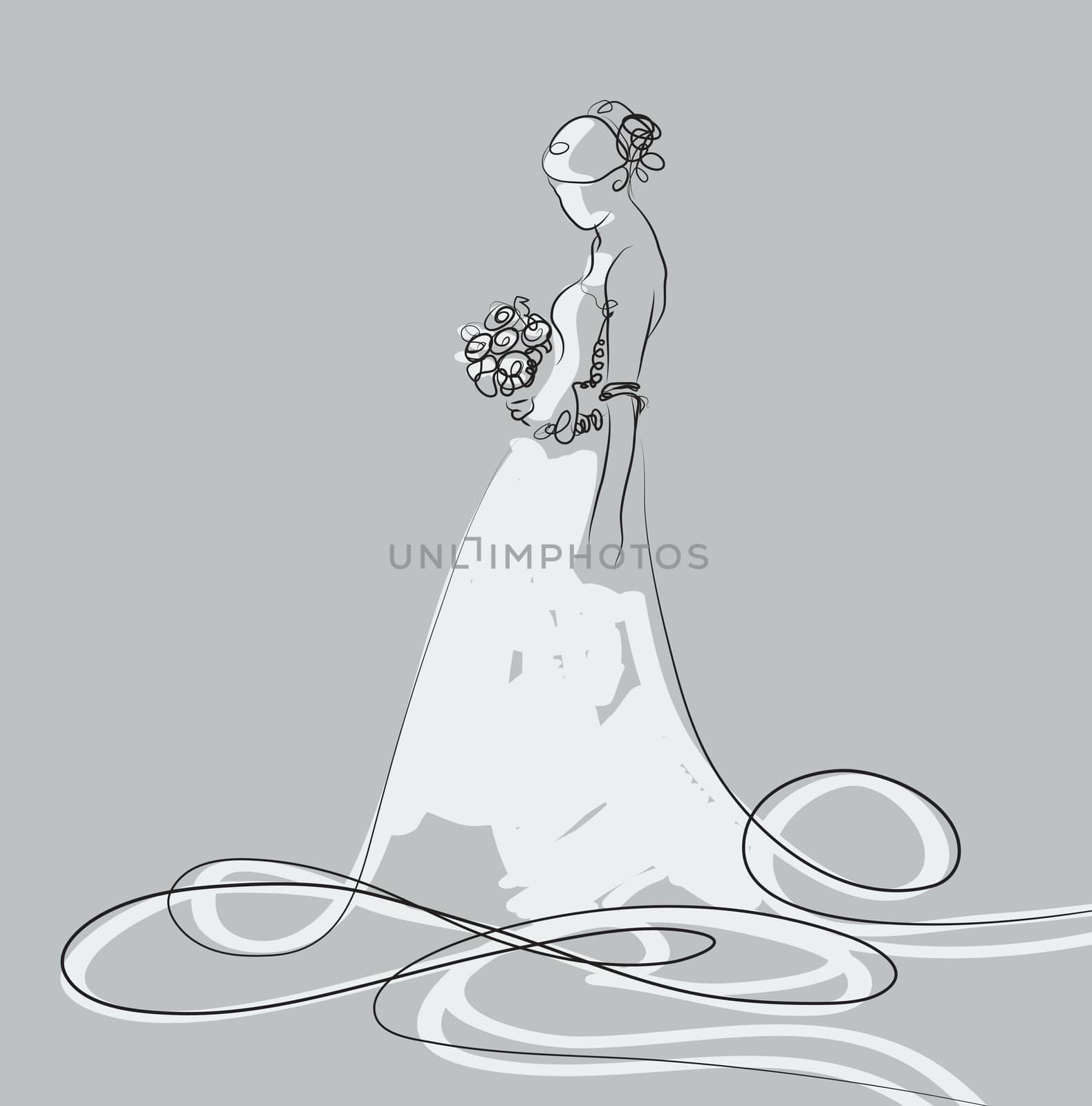 sketch of beautiful young bride in white dress