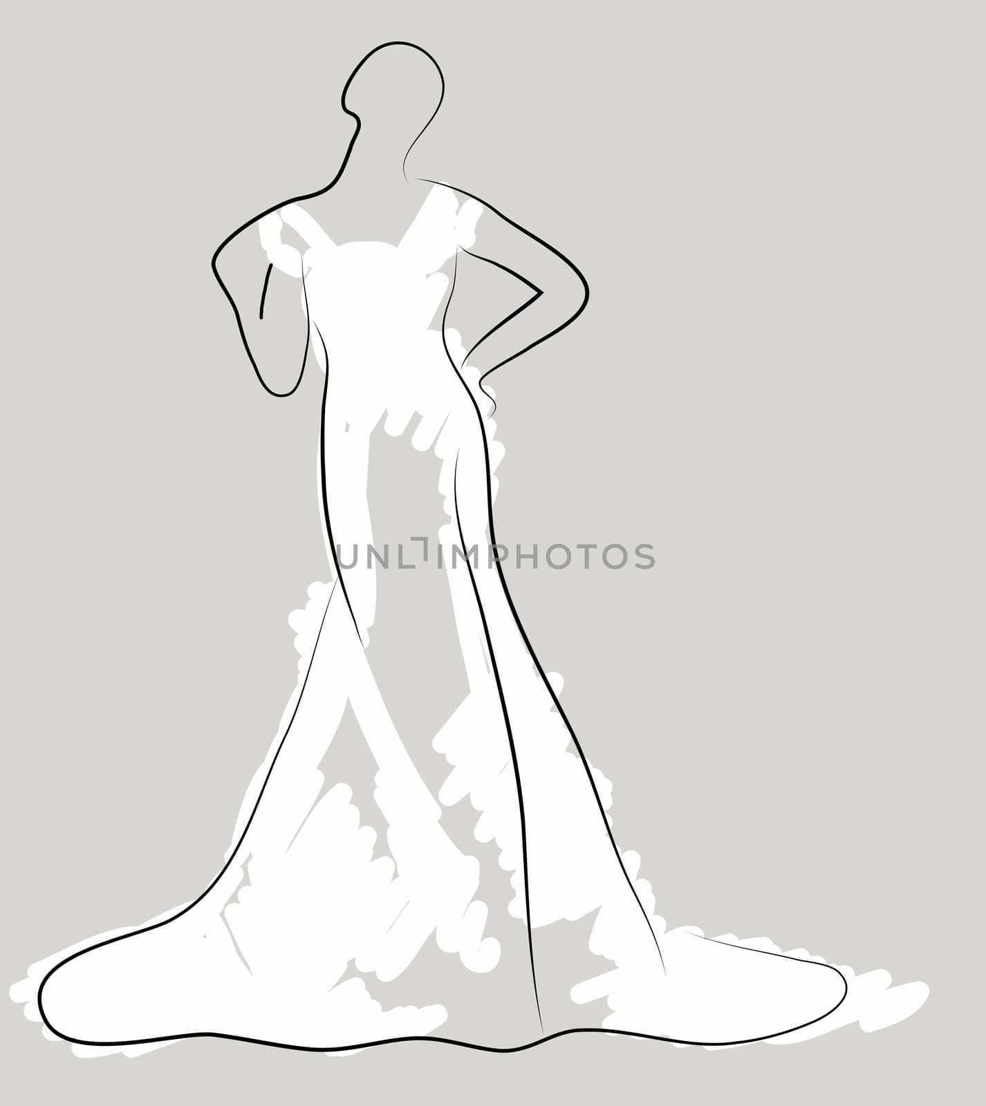 sketch of beautiful young bride in white dress