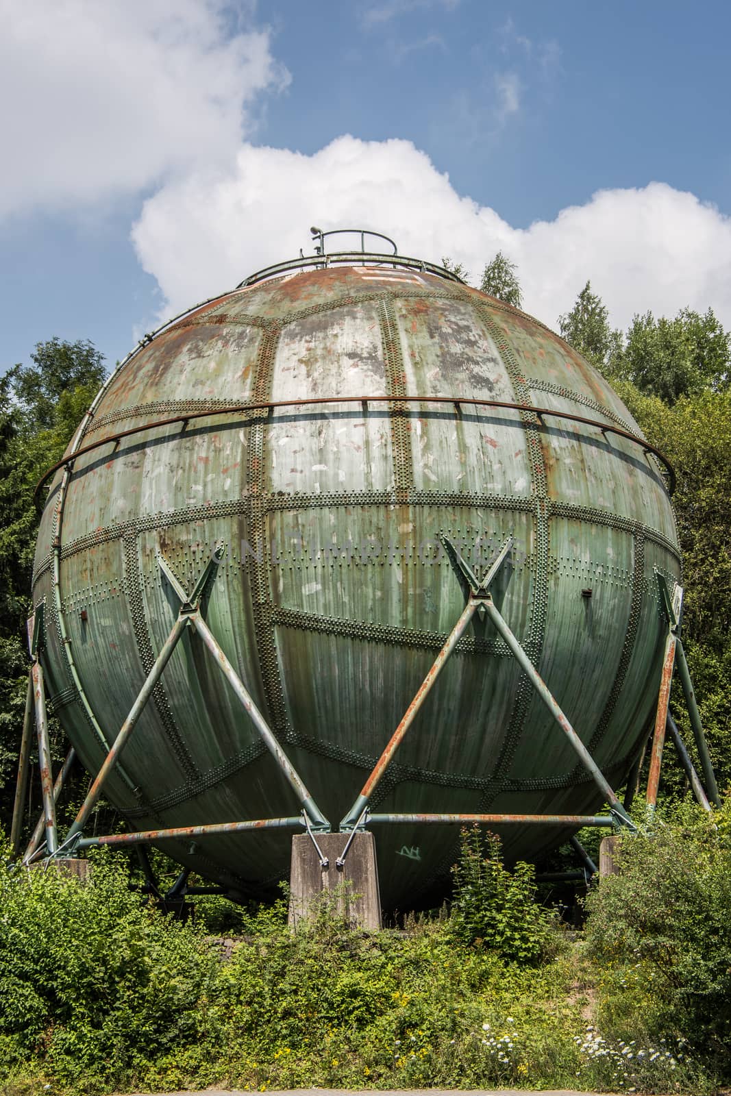 industrial monument as a ball on supports as a former gas tank