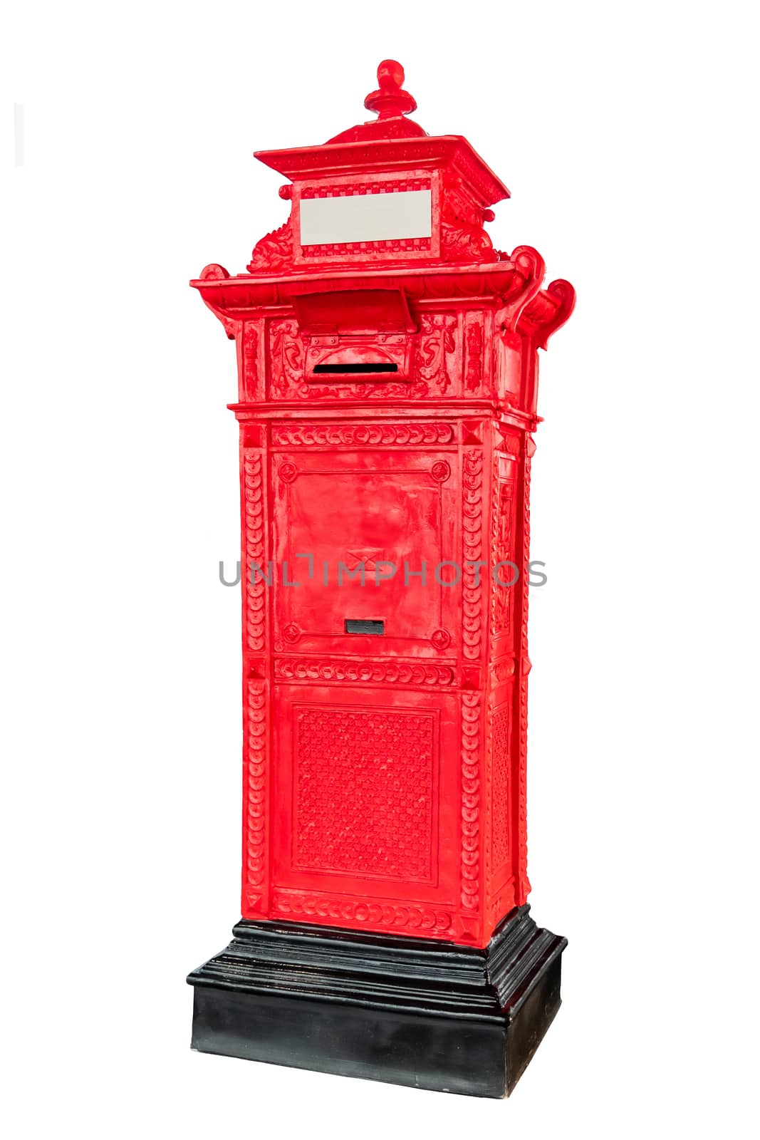 Isolated antique red post mail box on white background. by Tanarch