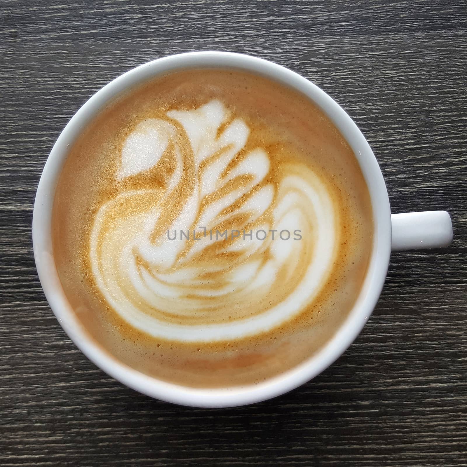 Top view of a mug of latte art coffee. by Tanarch