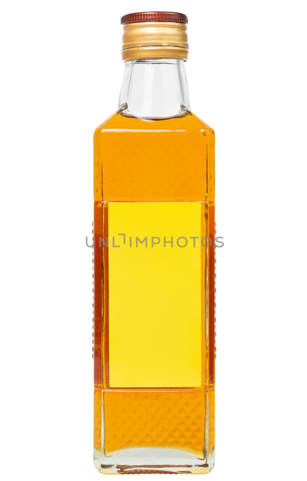 small square glass bottle of yellow chinese oil isolated on white background.