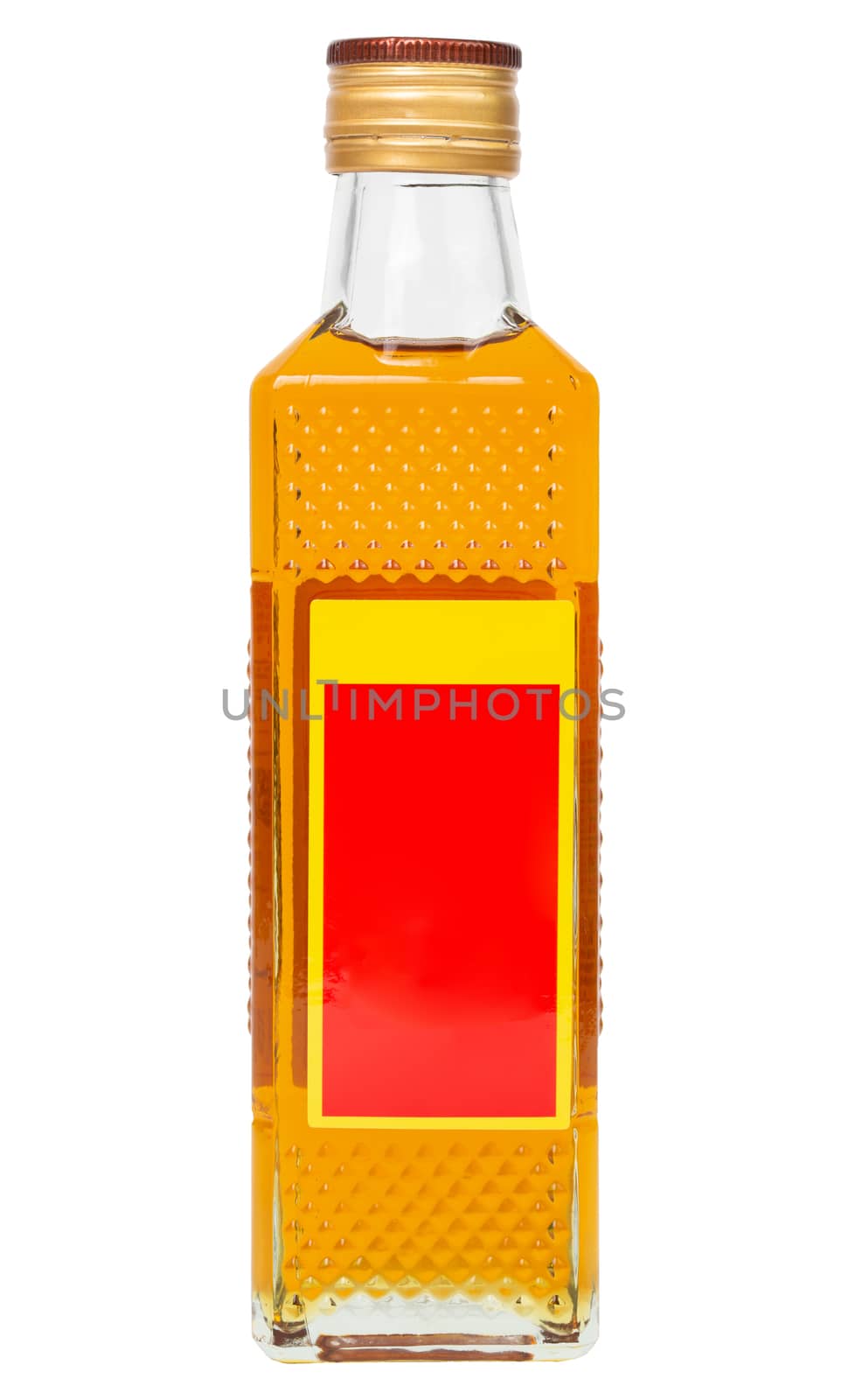 small square glass bottle of yellow chinese oil isolated on white background.