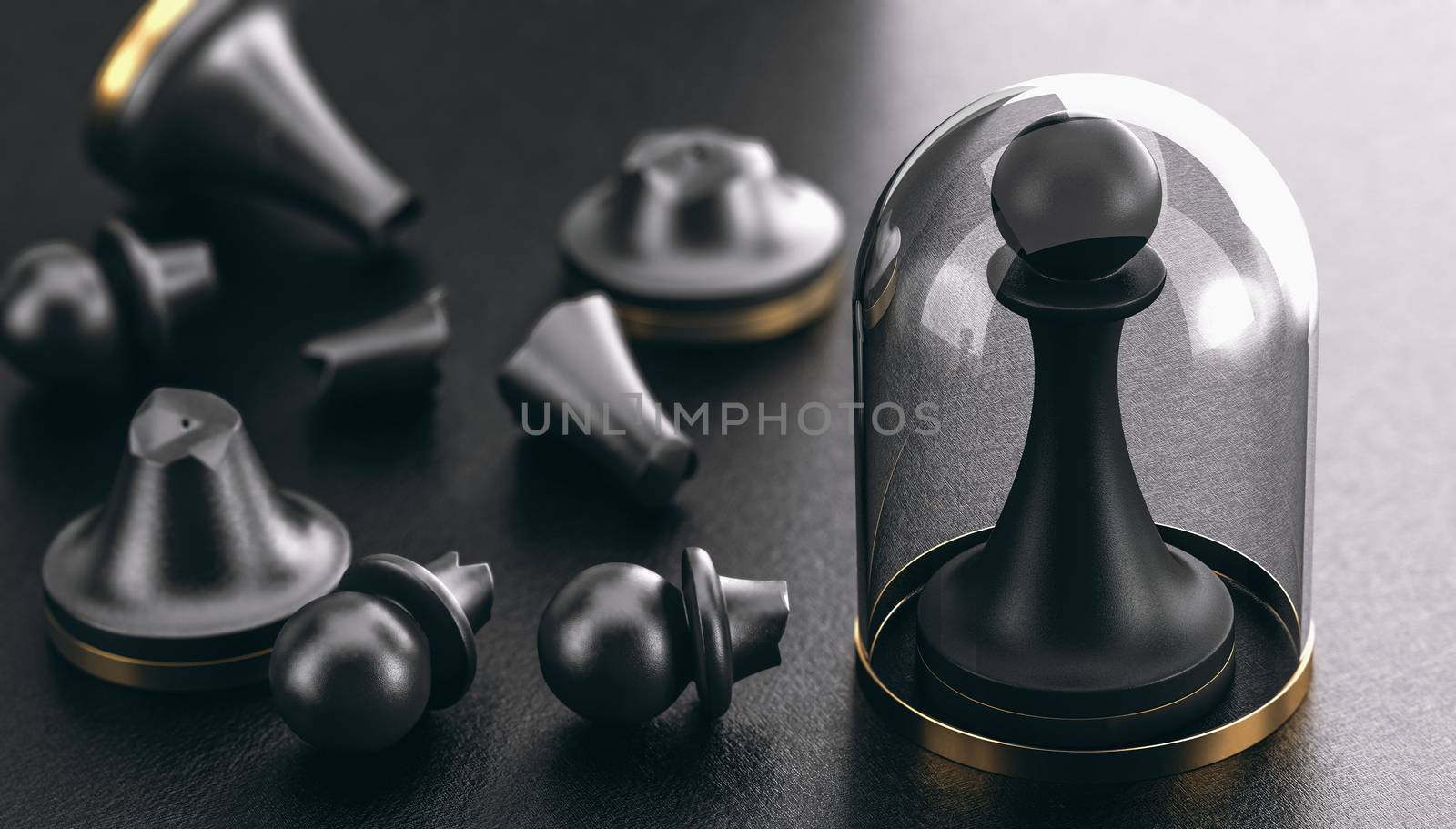 3D illustration of broken pawns and one protected by a glass dome. Vaccination and immunization concept.