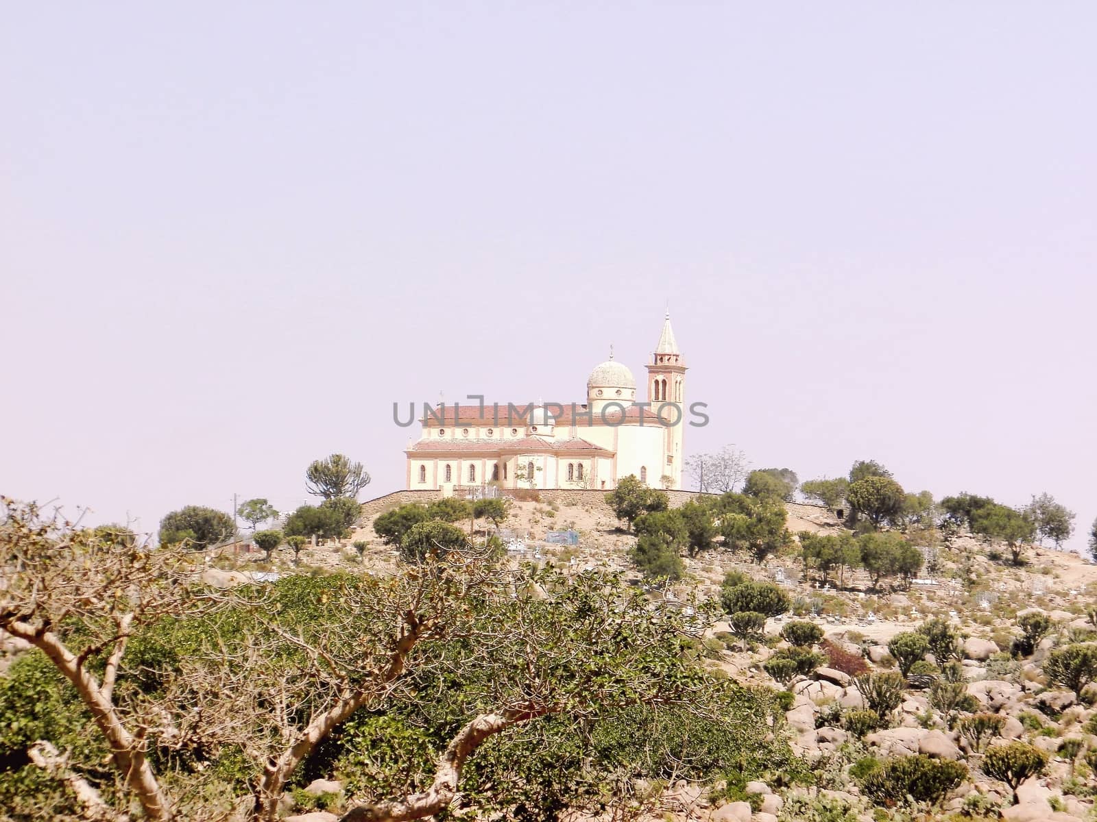 Eritrea, Africa - 08/10/2019: Travelling around the vilages near Asmara and Massawa. An amazing caption of the trees, mountains and some old typical houses with very hot climate in Eritrea.