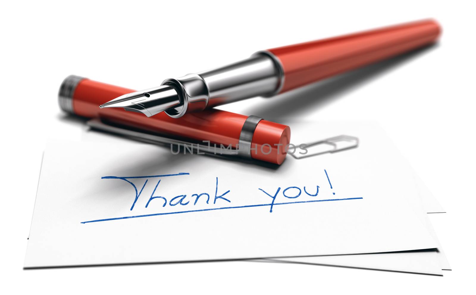 3D illustration of the text thank you hanwritten on a business card and a red fountain pen over white background