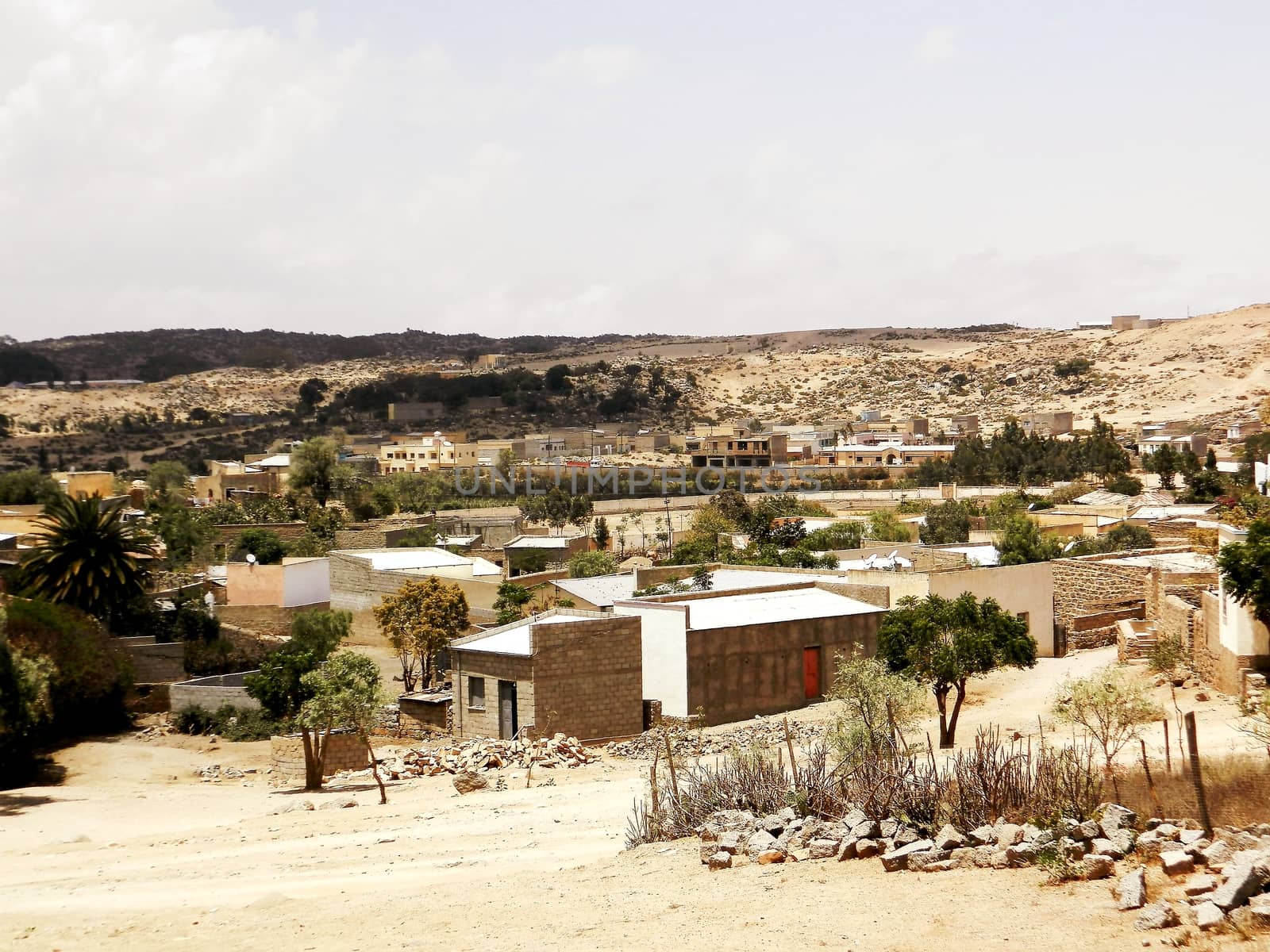 Eritrea, Africa - 08/10/2019: Travelling around the vilages near Asmara and Massawa. An amazing caption of the trees, mountains and some old typical houses with very hot climate in Eritrea.