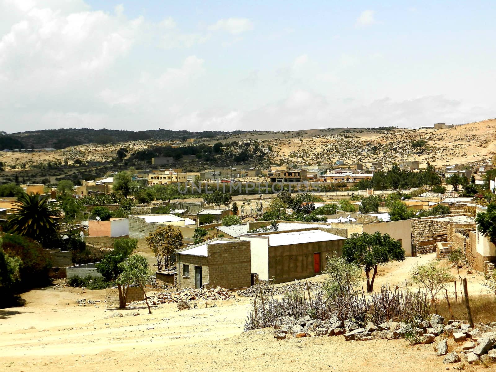 Eritrea, Africa - 08/10/2019: Travelling around the vilages near Asmara and Massawa. An amazing caption of the trees, mountains and some old typical houses with very hot climate in Eritrea.