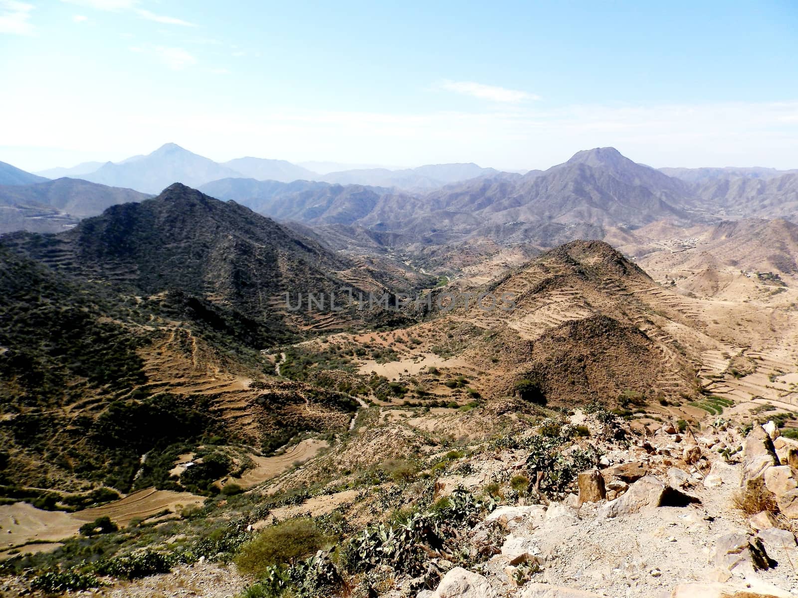 Eritrea, Africa - 08/10/2019: Travelling around the vilages near Asmara and Massawa. An amazing caption of the trees, mountains and some old typical houses with very hot climate in Eritrea.