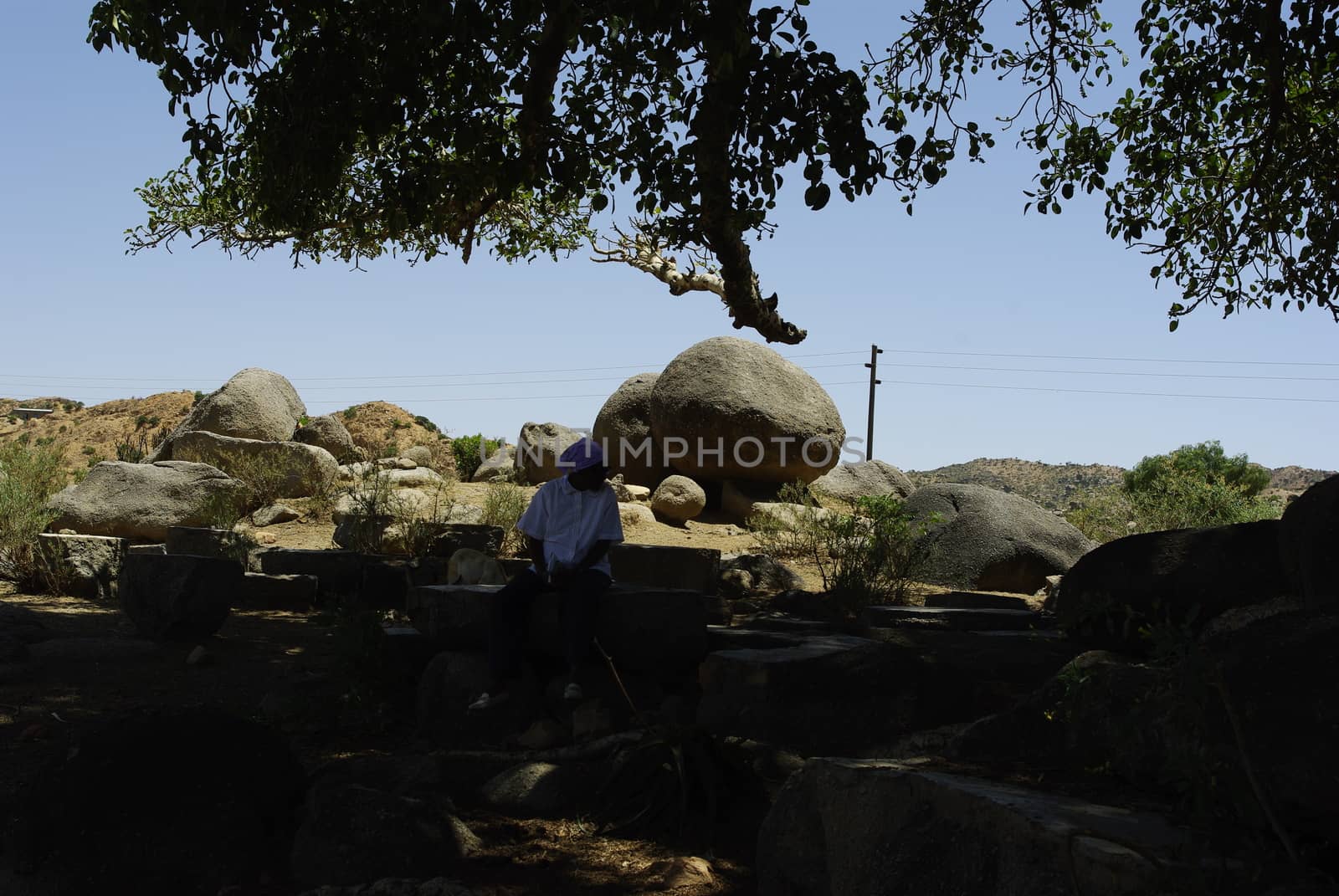 Eritrea, Africa - 08/10/2019: Travelling around the vilages near Asmara and Massawa. An amazing caption of the trees, mountains and some old typical houses with very hot climate in Eritrea.