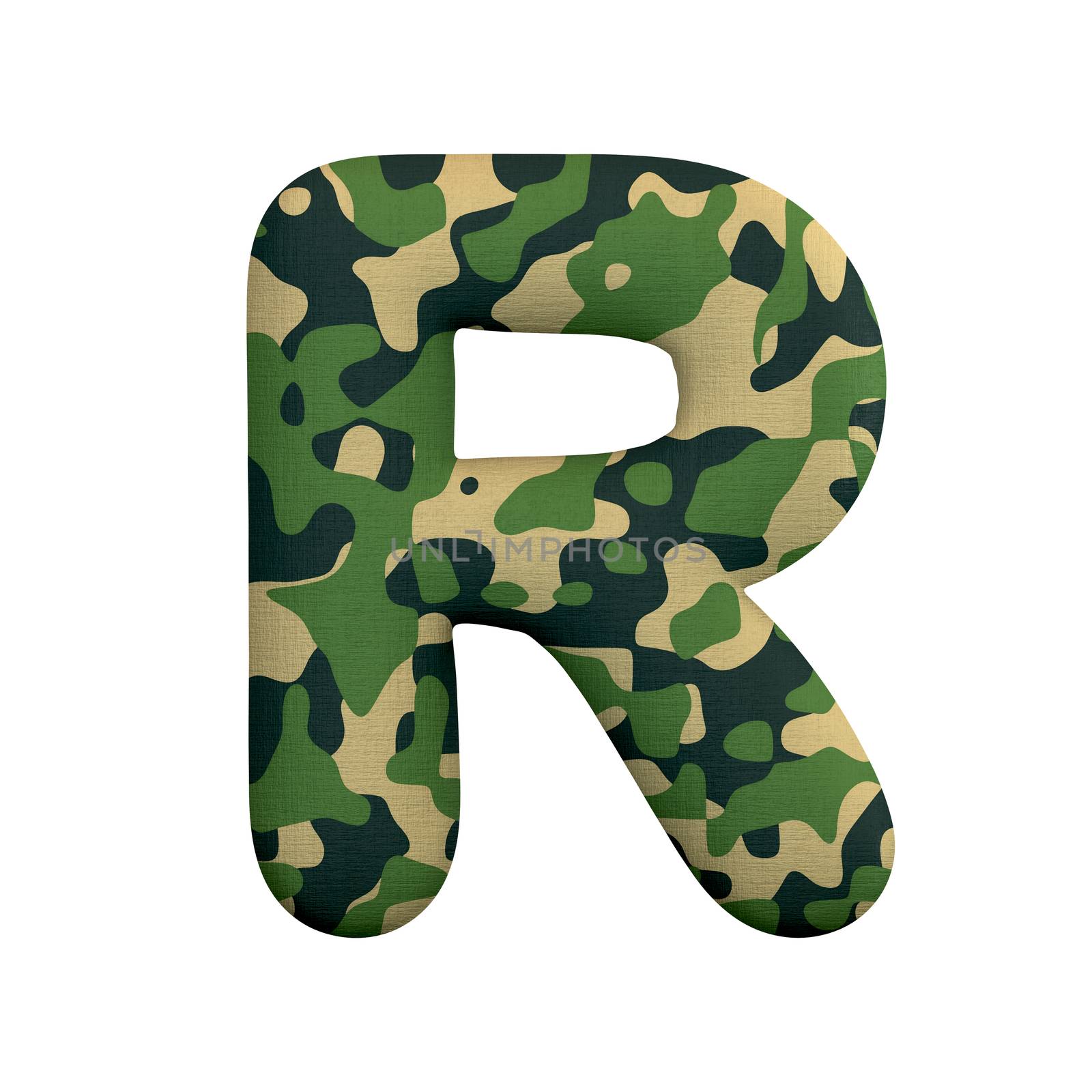 Army letter R - Capital 3d Camo font isolated on white background. This alphabet is perfect for creative illustrations related but not limited to Army, war, survivalism...