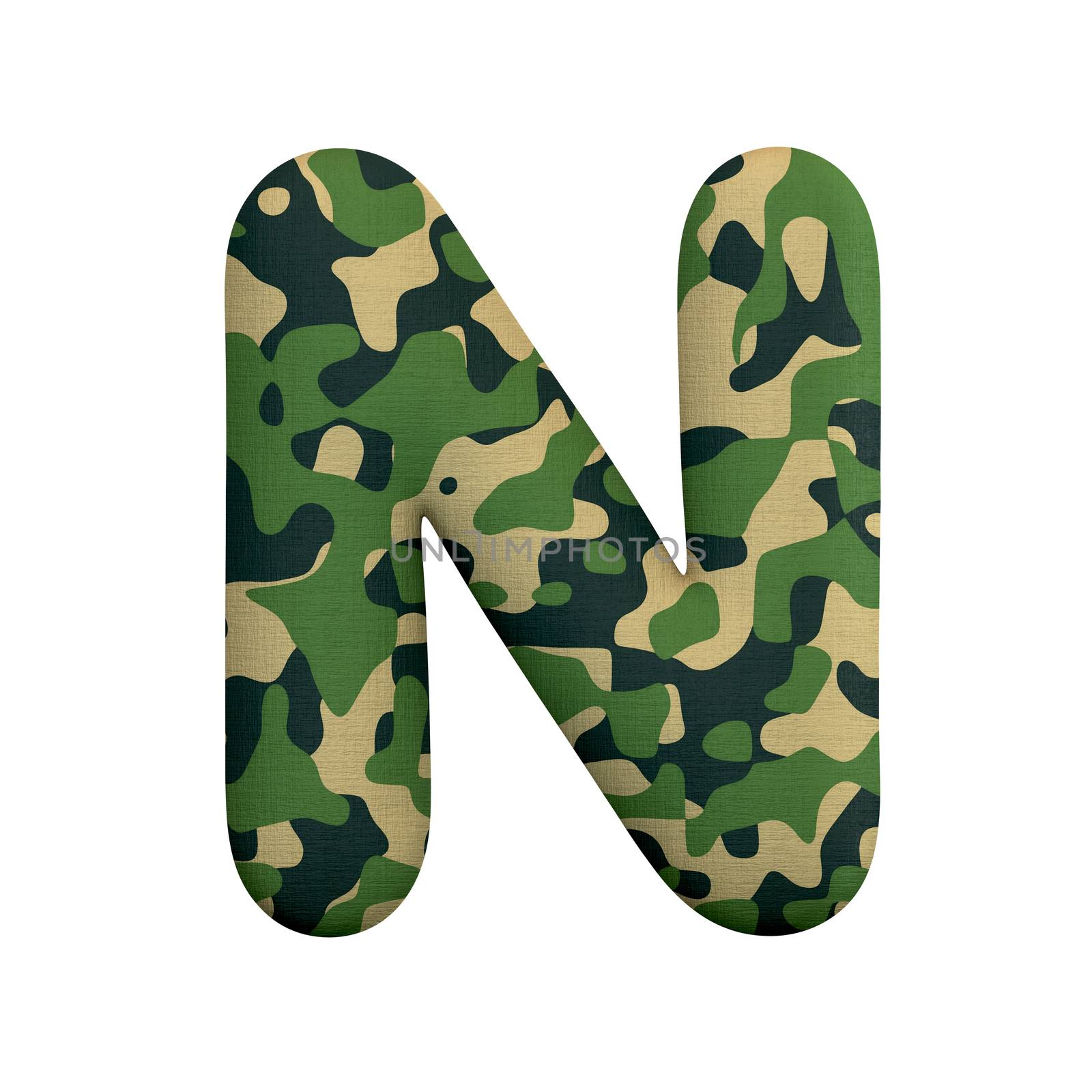 Army letter N - Uppercase 3d Camo font isolated on white background. This alphabet is perfect for creative illustrations related but not limited to Army, war, survivalism...