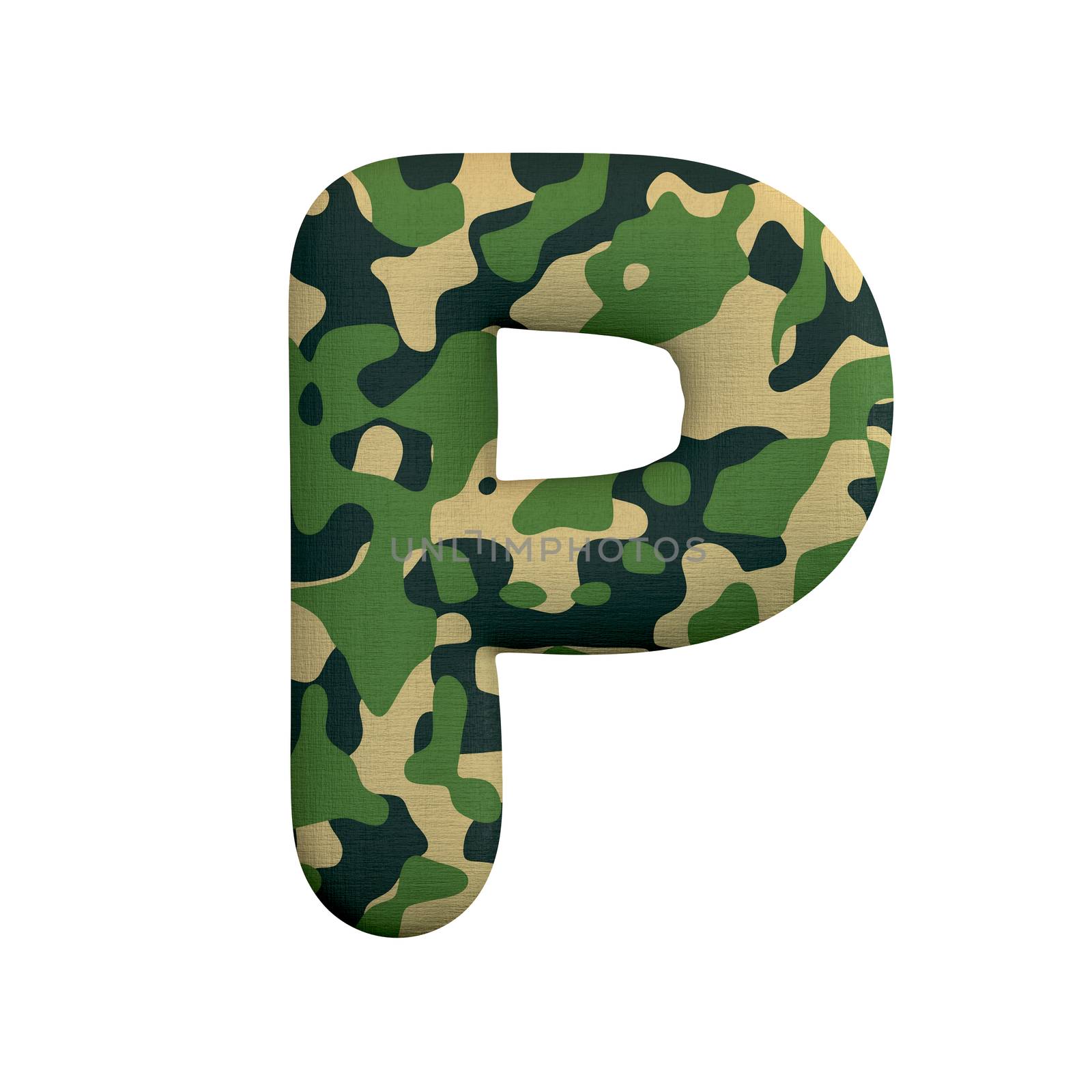 Army letter P - Capital 3d Camo font isolated on white background. This alphabet is perfect for creative illustrations related but not limited to Army, war, survivalism...