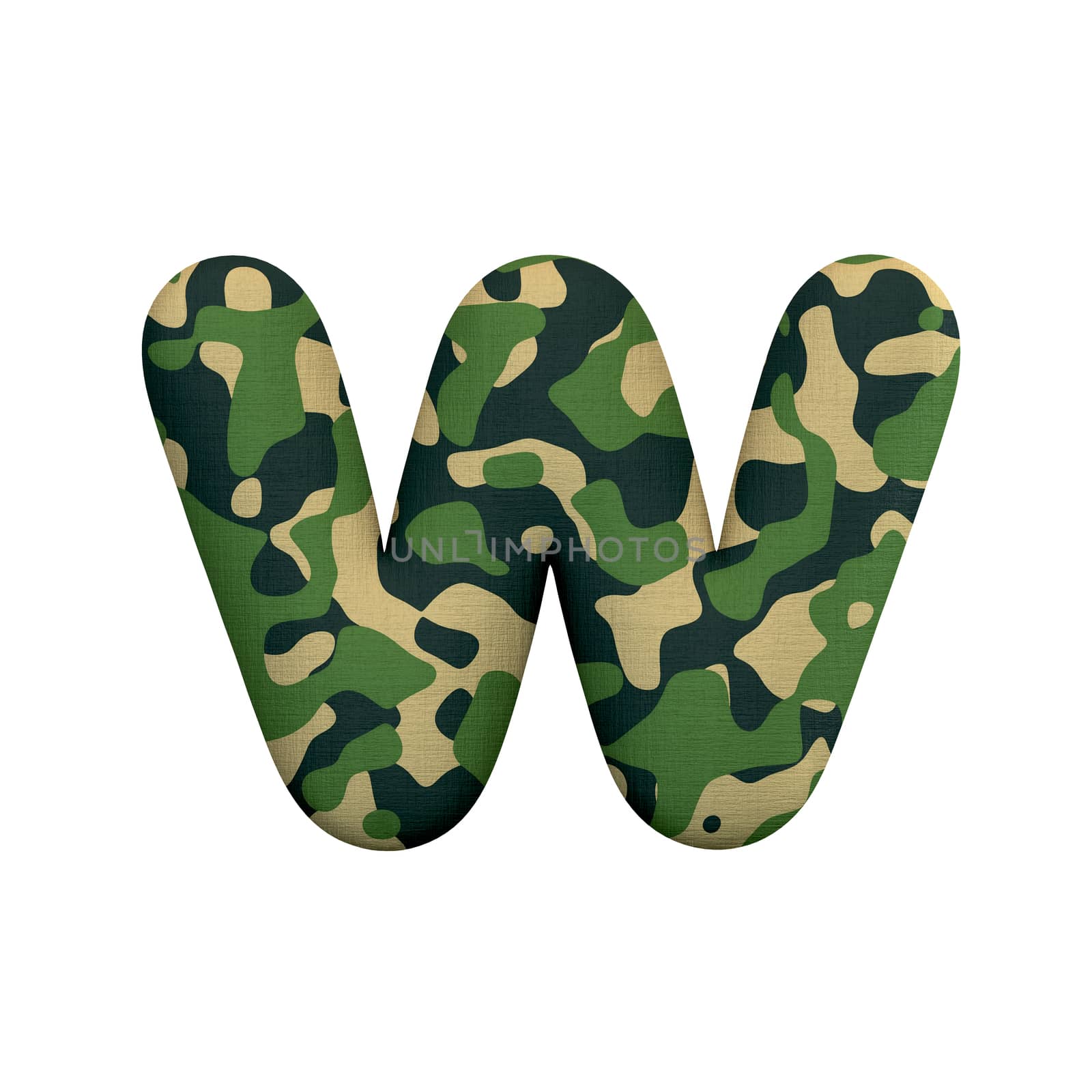 Army letter W - Lower-case 3d Camo font isolated on white background. This alphabet is perfect for creative illustrations related but not limited to Army, war, survivalism...