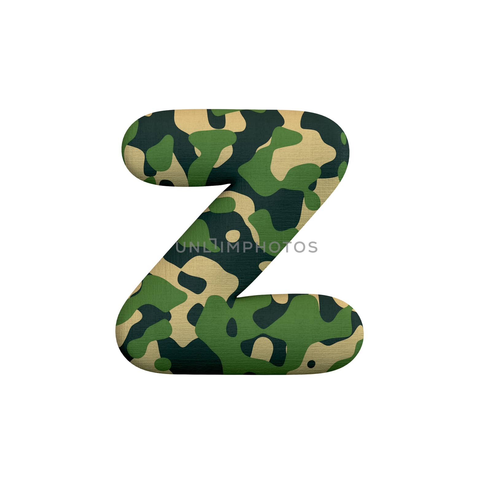 Army letter Z - Lower-case 3d Camo font isolated on white background. This alphabet is perfect for creative illustrations related but not limited to Army, war, survivalism...