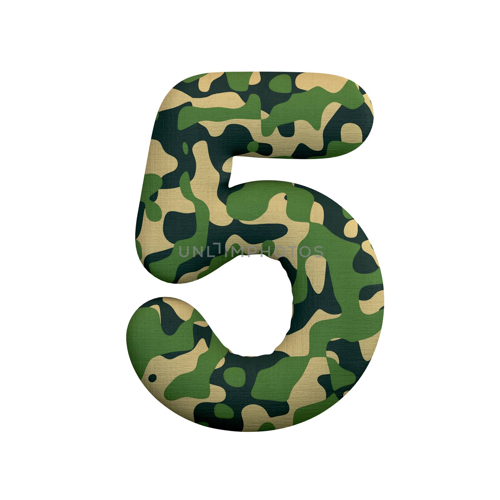 Army number 5 - 3d Camo digit isolated on white background. This alphabet is perfect for creative illustrations related but not limited to Army, war, survivalism...