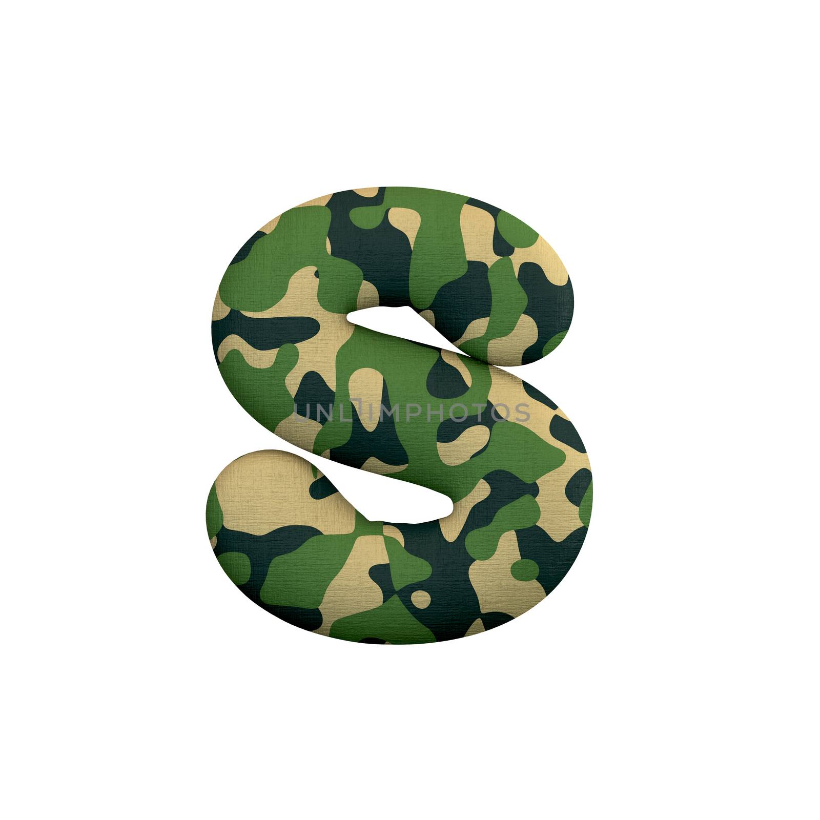 Army letter S - Lower-case 3d Camo font isolated on white background. This alphabet is perfect for creative illustrations related but not limited to Army, war, survivalism...