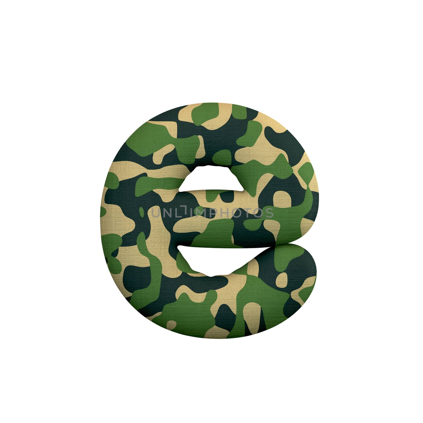 Army letter E - lowercase 3d Camo font isolated on white background. This alphabet is perfect for creative illustrations related but not limited to Army, war, survivalism...