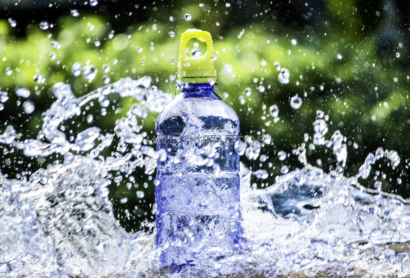 Fresh pure water splashing around of bottle with blurred background. Selective focus and space for text. by TEERASAK