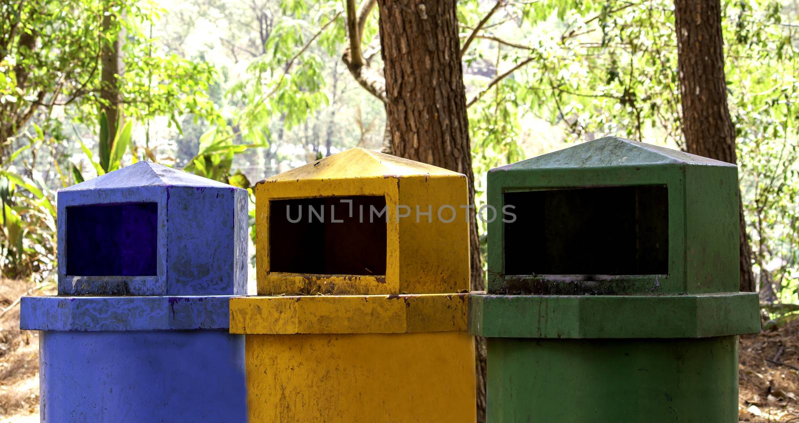 Dirty trash placed in a pine forest, an area for spreading tents on the top of Inthanon in Chiang Mai, Thailand. by TEERASAK