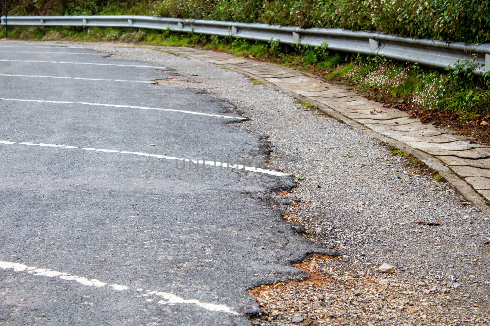 The damaged road, the path to the top of Inthanon, Chiang Mai, Thailand