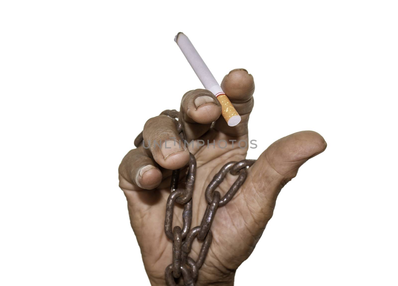 World No Tobacco Day; Asian man holding cigarette with smoke and steel chain on hand isolated on white background with space for text. by TEERASAK