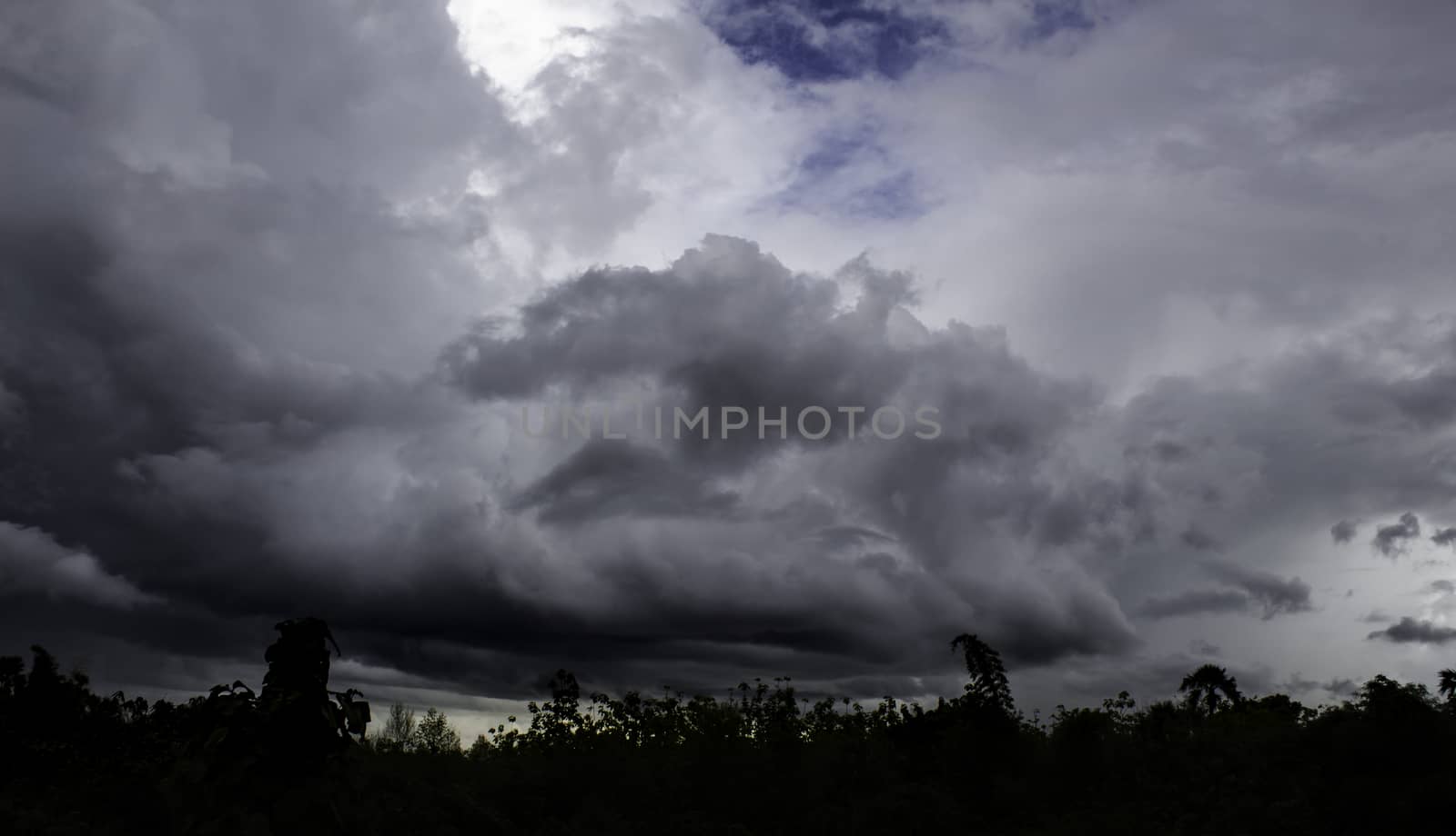 Dark gray dramatic sky with large clouds before rain.