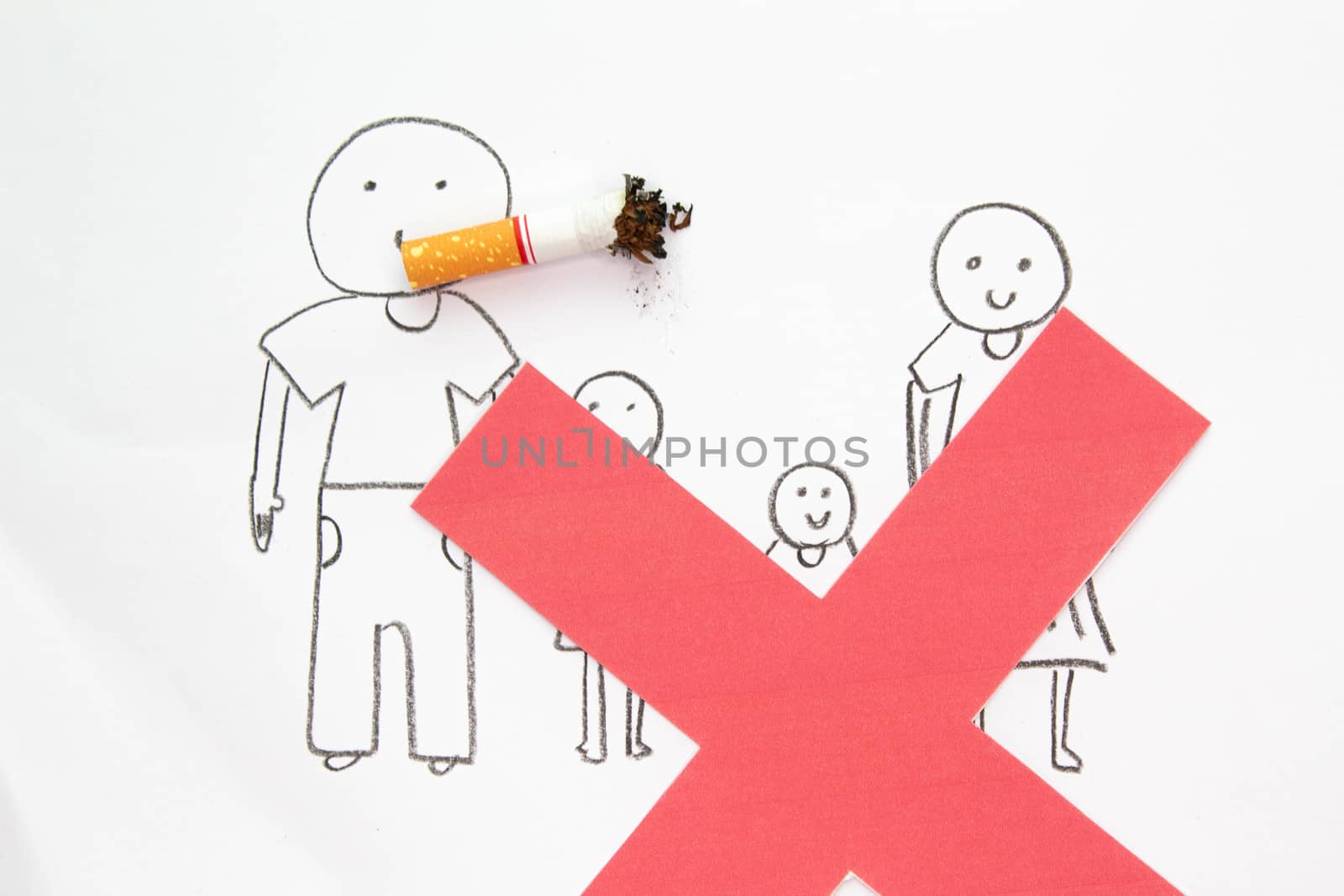 World No Tobacco Day; Family drawing paper destroyed by cigarettes - stop smoking concept and space for text.