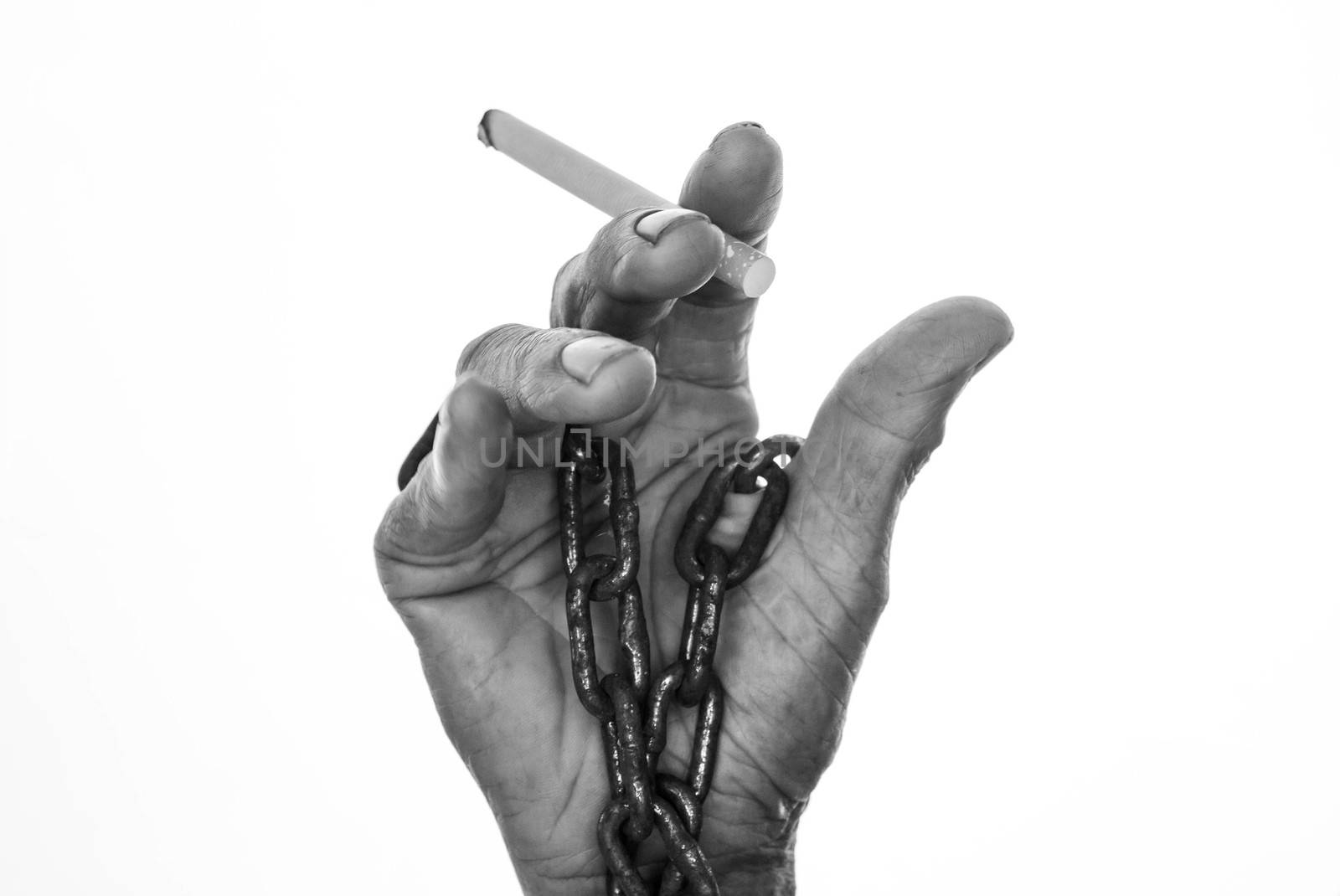 World No Tobacco Day; Asian man holding cigarette with smoke and steel chain on hand isolated on white background with space for text.