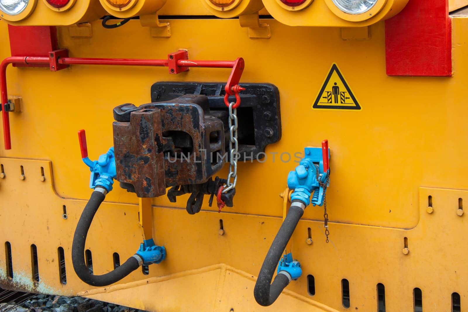 Close up of a Train car coupler joint trains at Khun Tan railway station, Lamphun Thailand.