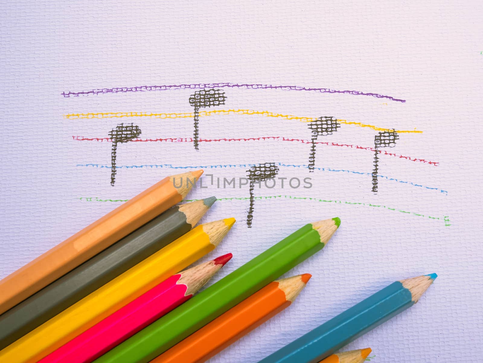 Color pencils place on white paper background with Music note drawing. Education concept. by TEERASAK