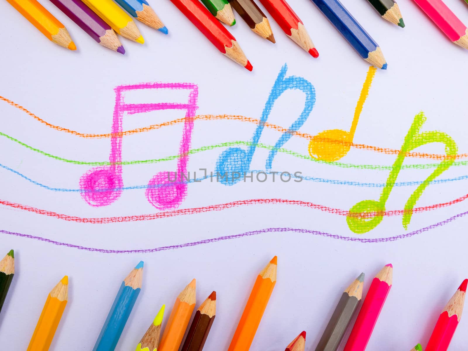 Color pencils place on white paper background with Music note drawing. Education concept.