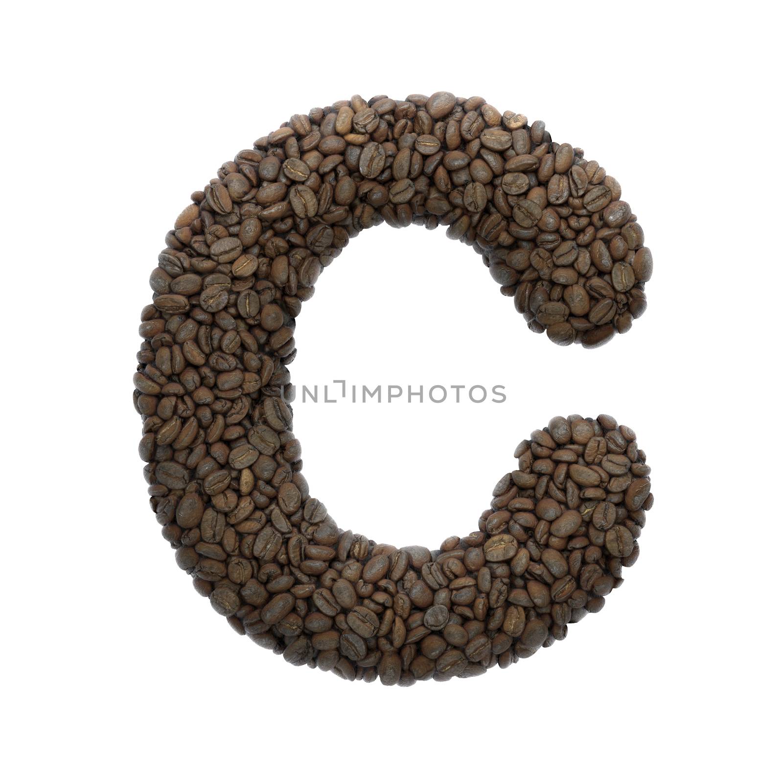 Coffee letter C - large 3d roasted beans font isolated on white background. This alphabet is perfect for creative illustrations related but not limited to Coffee, energy, insomnia...