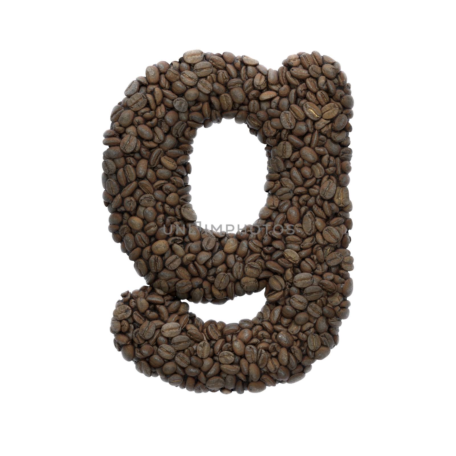 Coffee letter G - Lowercase 3d roasted beans font isolated on white background. This alphabet is perfect for creative illustrations related but not limited to Coffee, energy, insomnia...