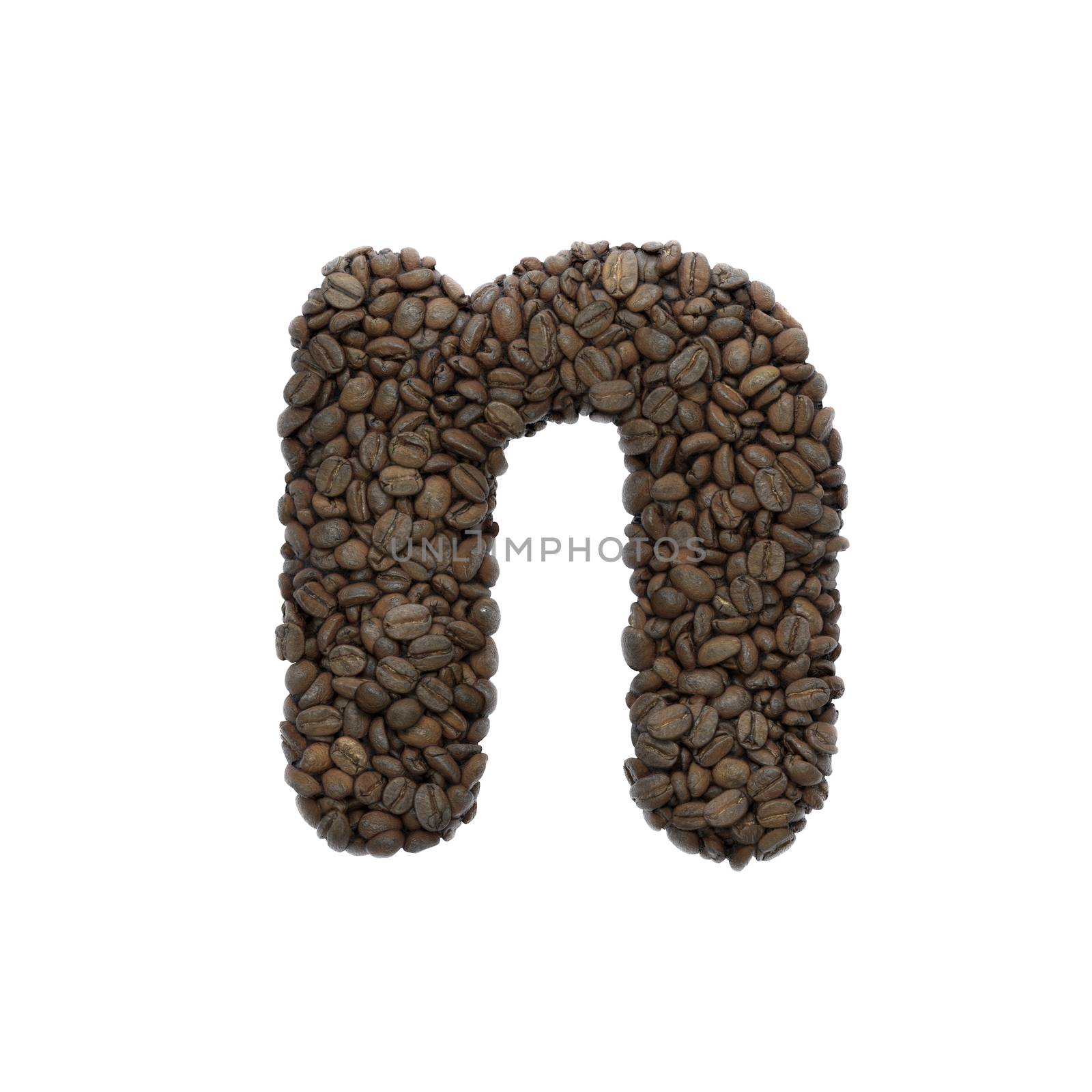 Coffee letter N - Lower-case 3d roasted beans font isolated on white background. This alphabet is perfect for creative illustrations related but not limited to Coffee, energy, insomnia...