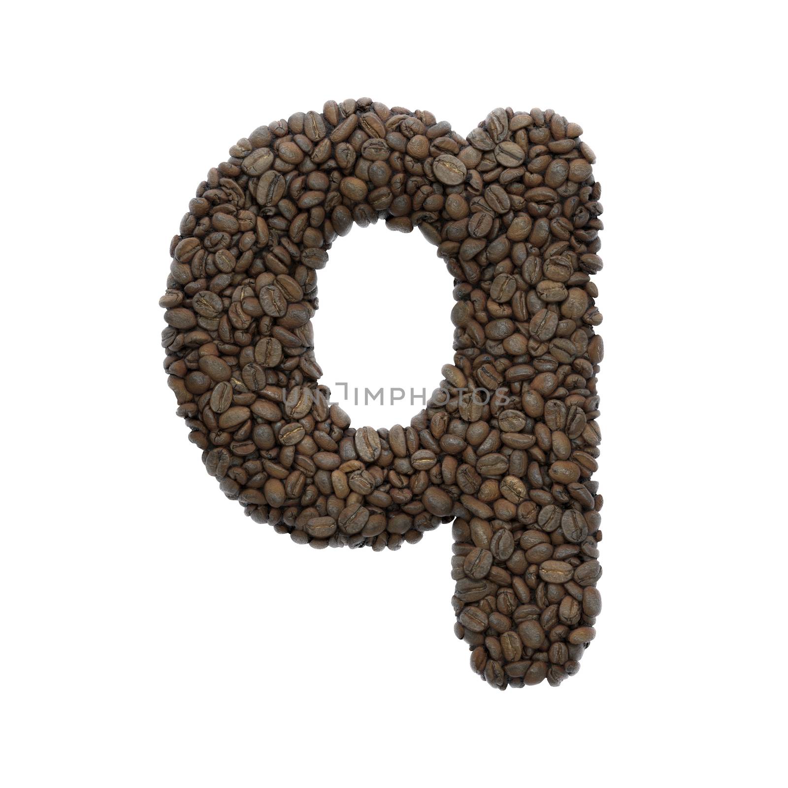 Coffee letter Q - Small 3d roasted beans font isolated on white background. This alphabet is perfect for creative illustrations related but not limited to Coffee, energy, insomnia...