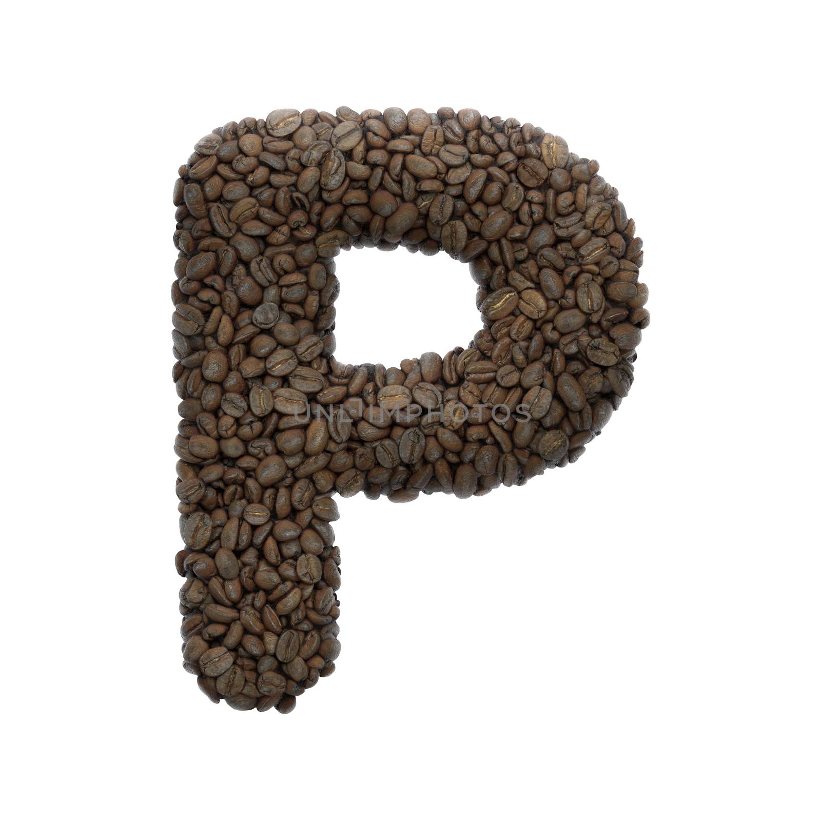Coffee letter P - Capital 3d roasted beans font isolated on white background. This alphabet is perfect for creative illustrations related but not limited to Coffee, energy, insomnia...