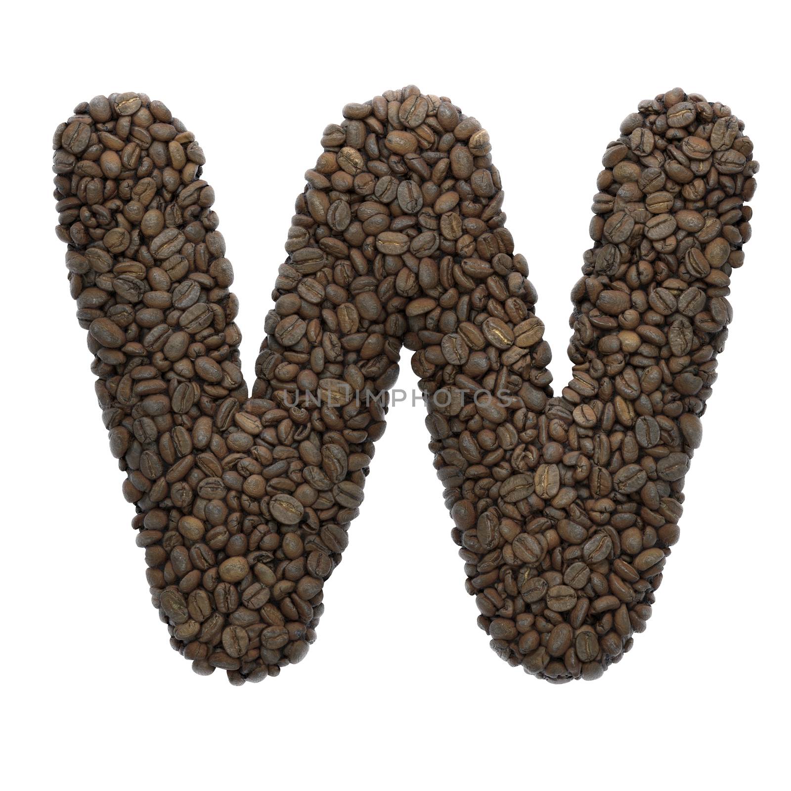 Coffee letter W - Uppercase 3d roasted beans font isolated on white background. This alphabet is perfect for creative illustrations related but not limited to Coffee, energy, insomnia...