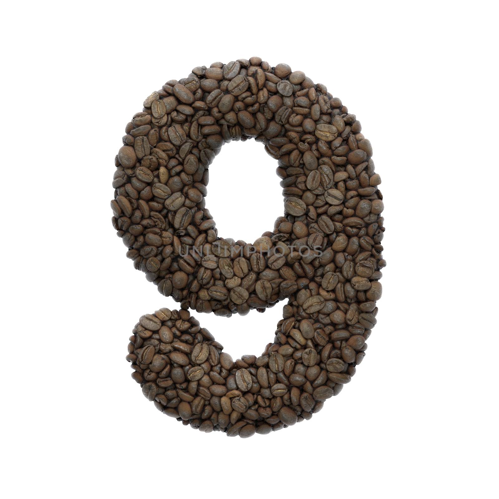 Coffee number 9 - 3d roasted beans digit isolated on white background. This alphabet is perfect for creative illustrations related but not limited to Coffee, energy, insomnia...