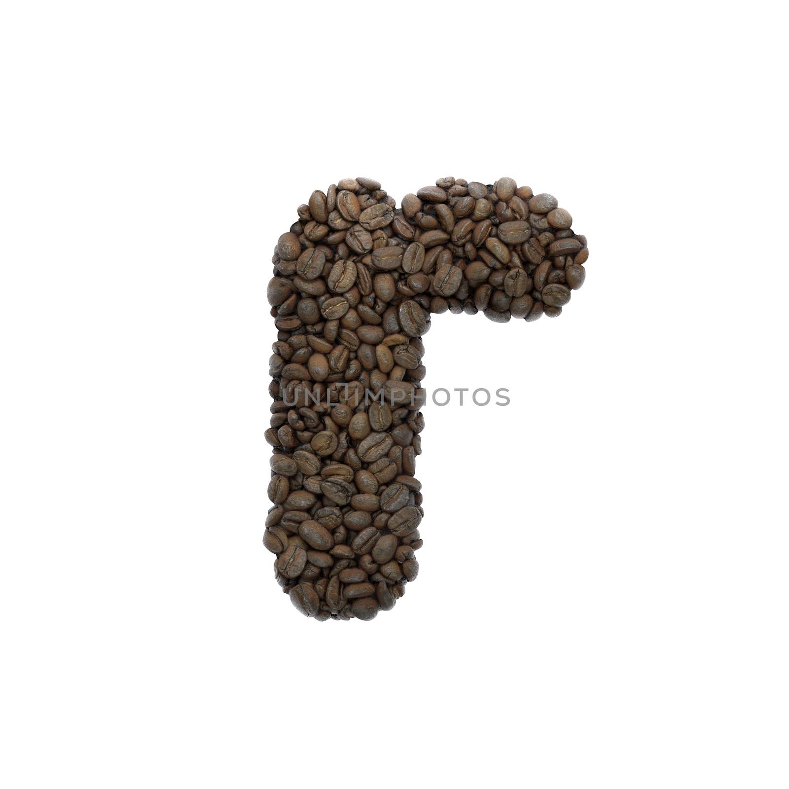 Coffee letter R - Small 3d roasted beans font isolated on white background. This alphabet is perfect for creative illustrations related but not limited to Coffee, energy, insomnia...