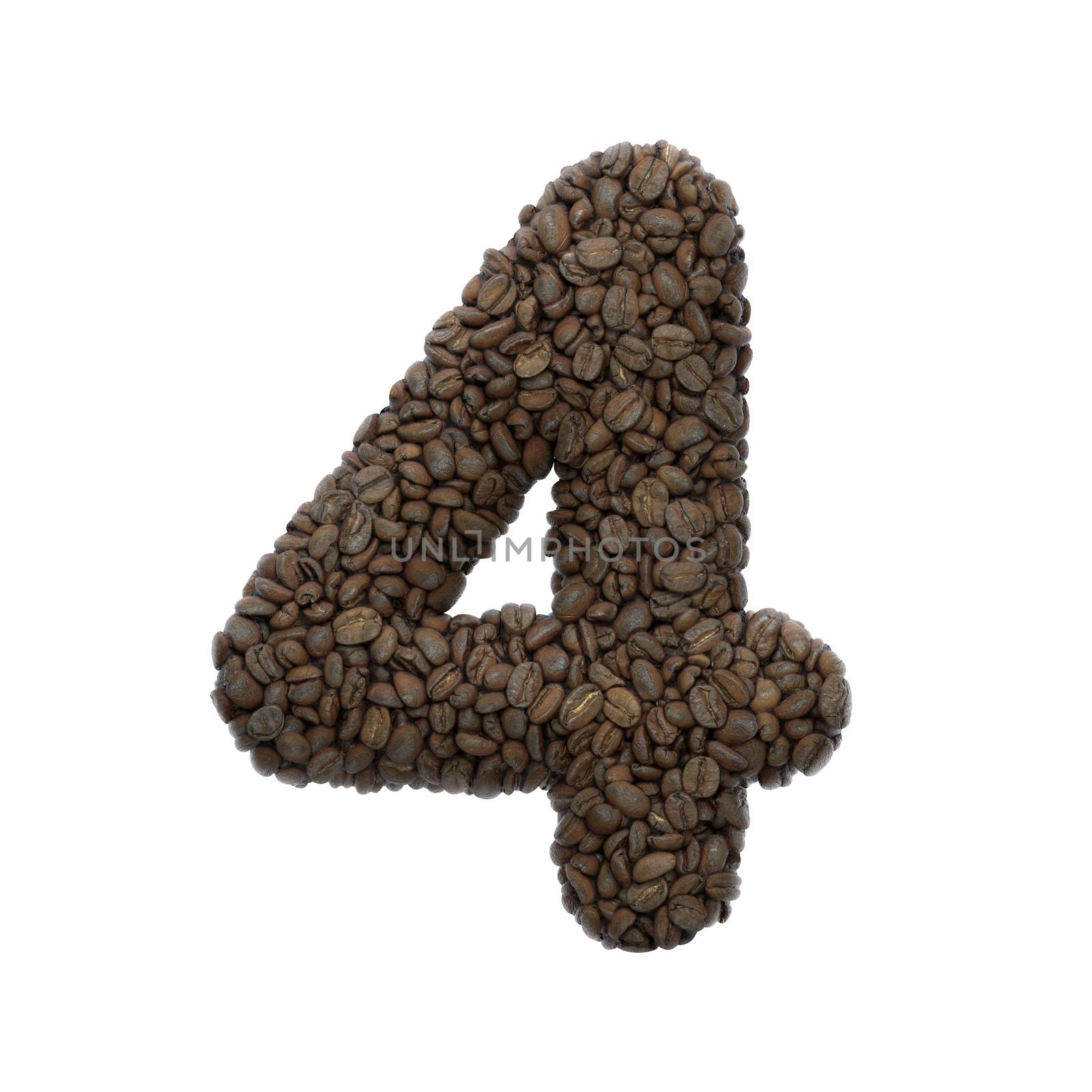 Coffee number 4 - 3d roasted beans digit isolated on white background. This alphabet is perfect for creative illustrations related but not limited to Coffee, energy, insomnia...