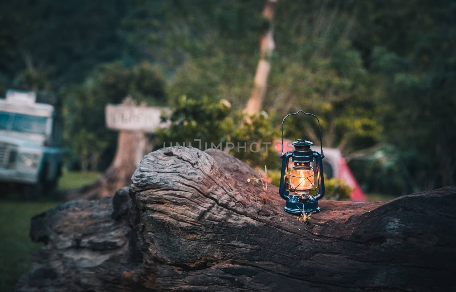 vintage lantern on the log in the evening