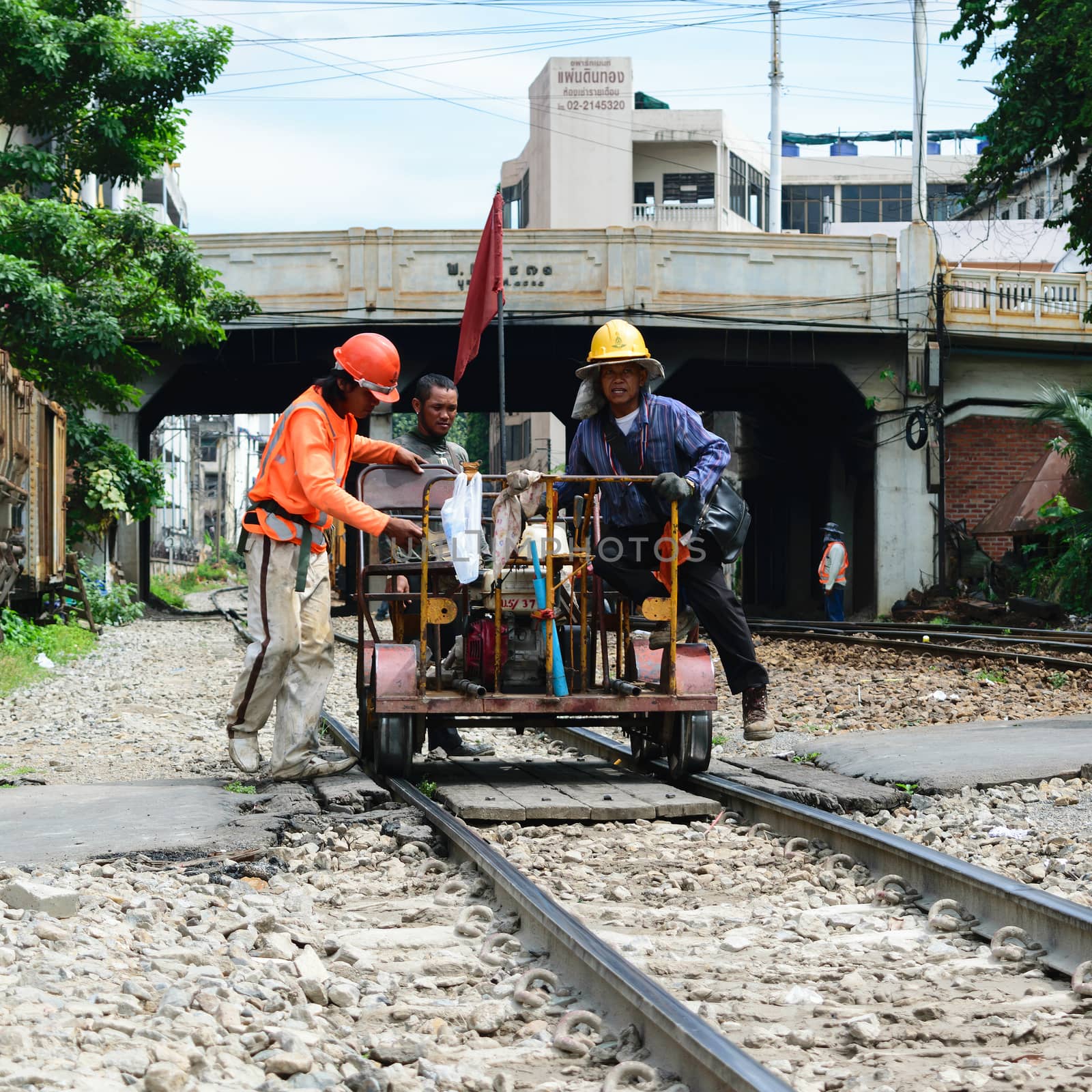 Bangkok, Thailand - September 5, 2015 : Unidentified railway employees working for checking of railway tracks at State Railway of Thailand.