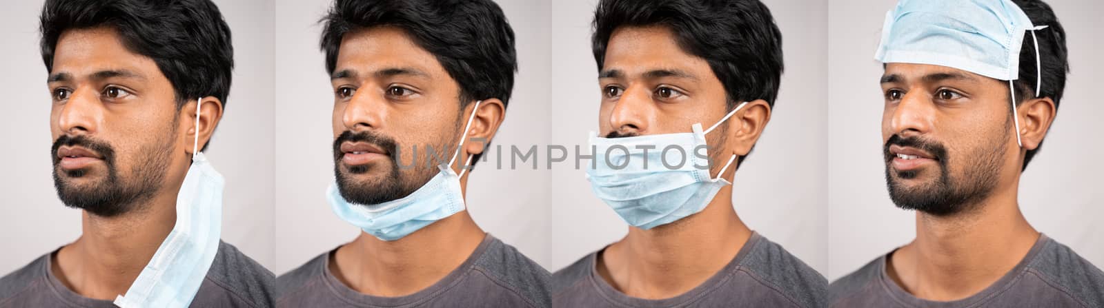 Collage of young man in improper way of using medical face masks - Awareness concept to ware mask, to protect from coronavirus or covid-19 pandemic by lakshmiprasad.maski@gmai.com