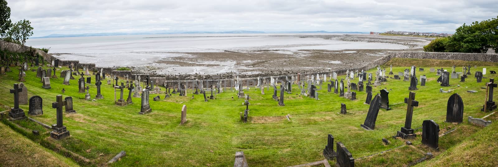 Panorama of Peters church graveyard at heysham village Lancashire by paddythegolfer