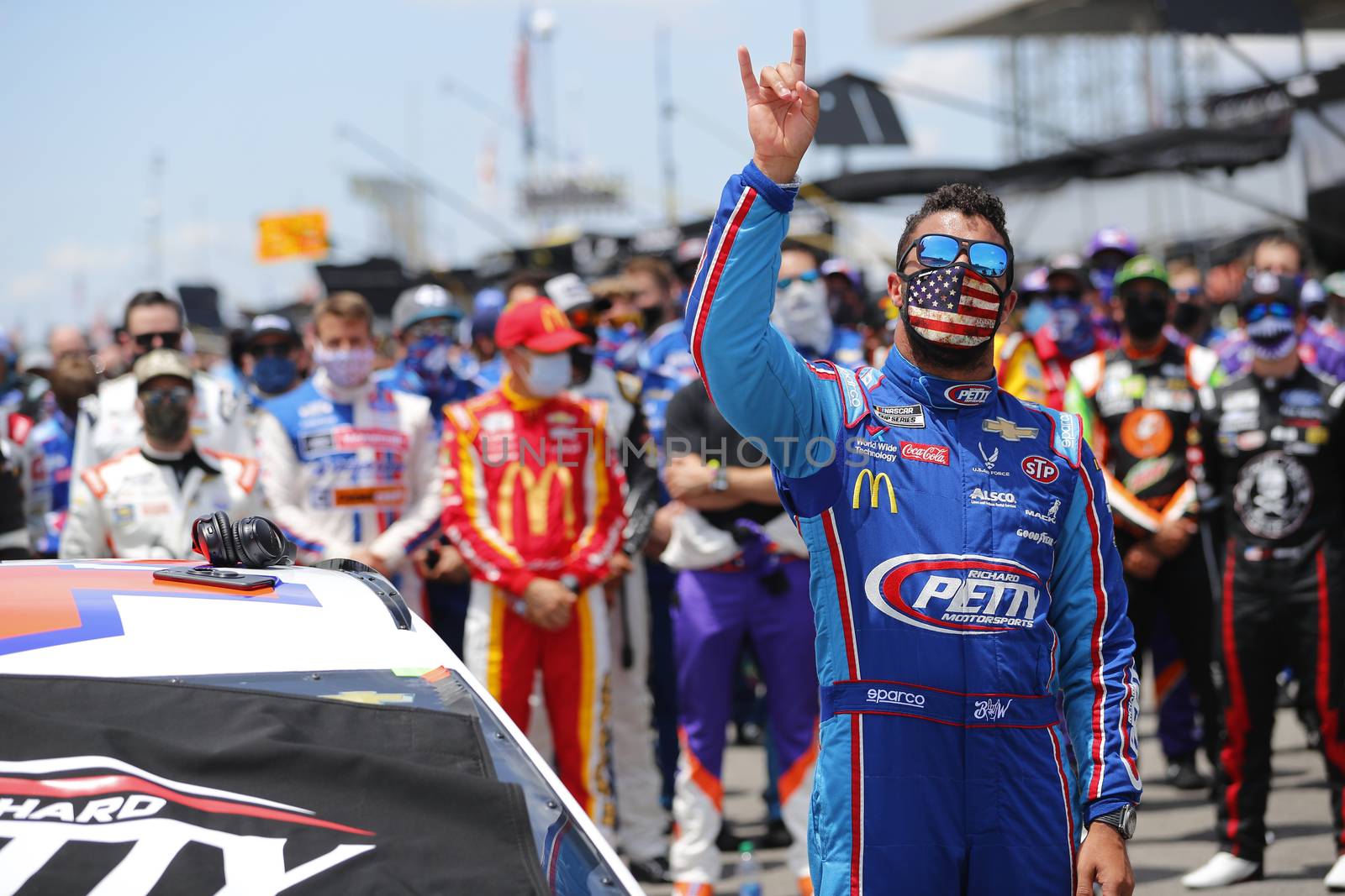June 22, 2020 - Talldega, Alabama, USA: #43 driver, Darrell Wallace Jr, is overcome by emotion before the Geico 500 at Talladega Superspeedway in Talldega, Alabama. The day before, a noose was found in his garage, both NASCAR and the FBI are investigating the incident.